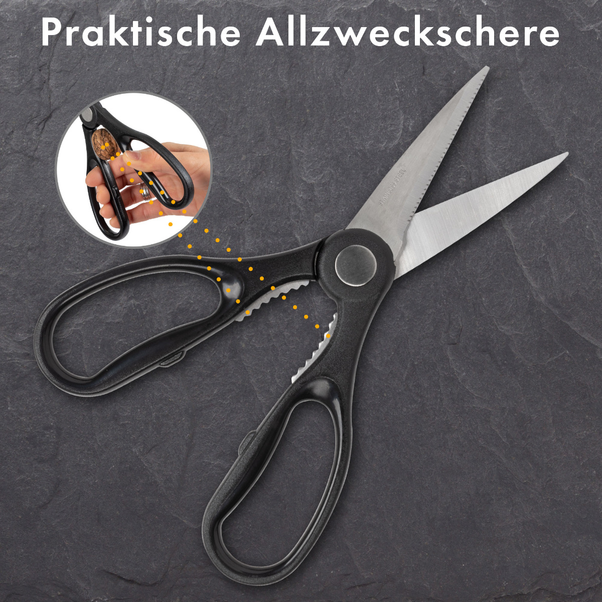 Schere auf einer Steinoberfläche, mit Nahaufnahme des Schneidmechanismus und Griffdesigns.