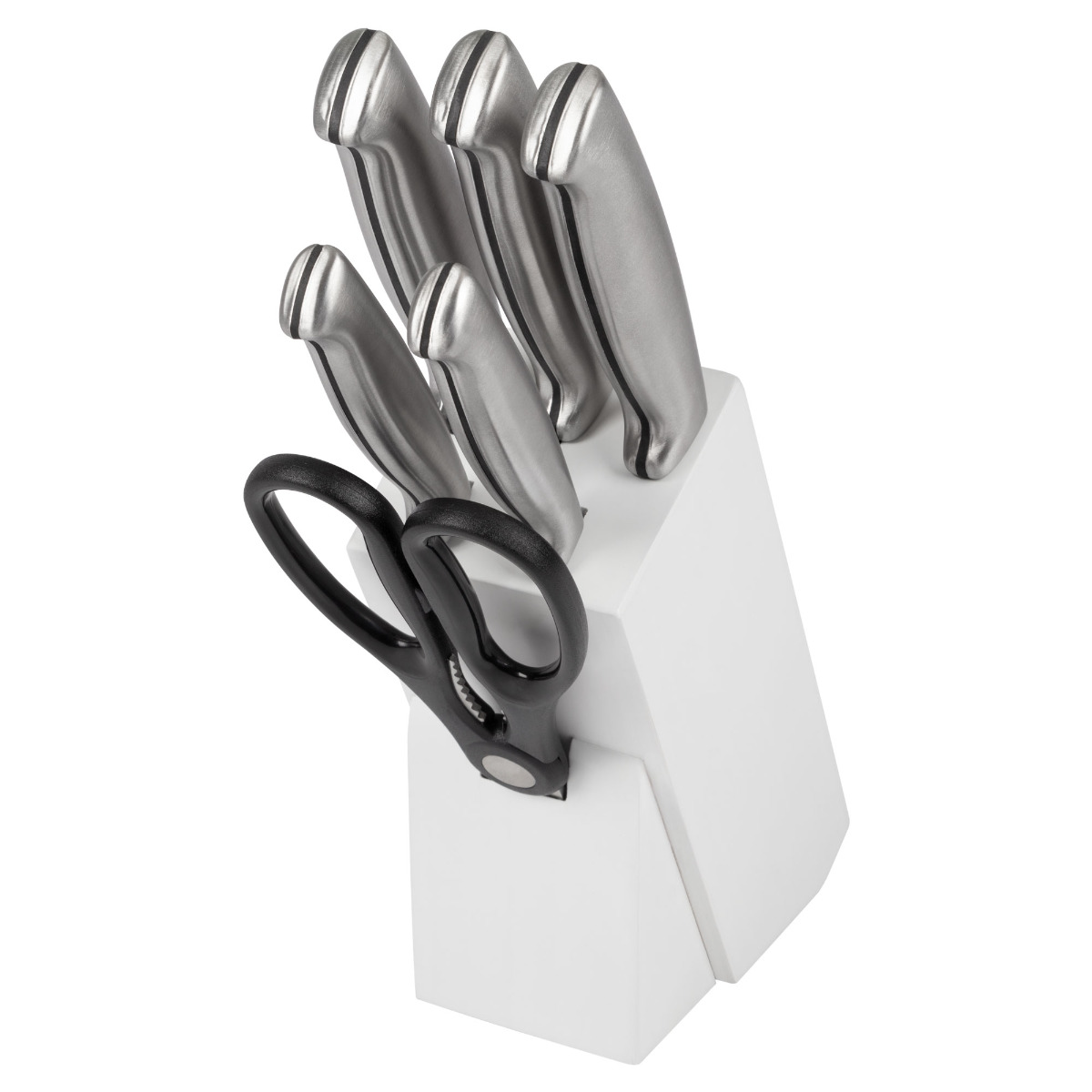 Ein Set Küchenmesser in einem weißen Block, mit einer Schere.