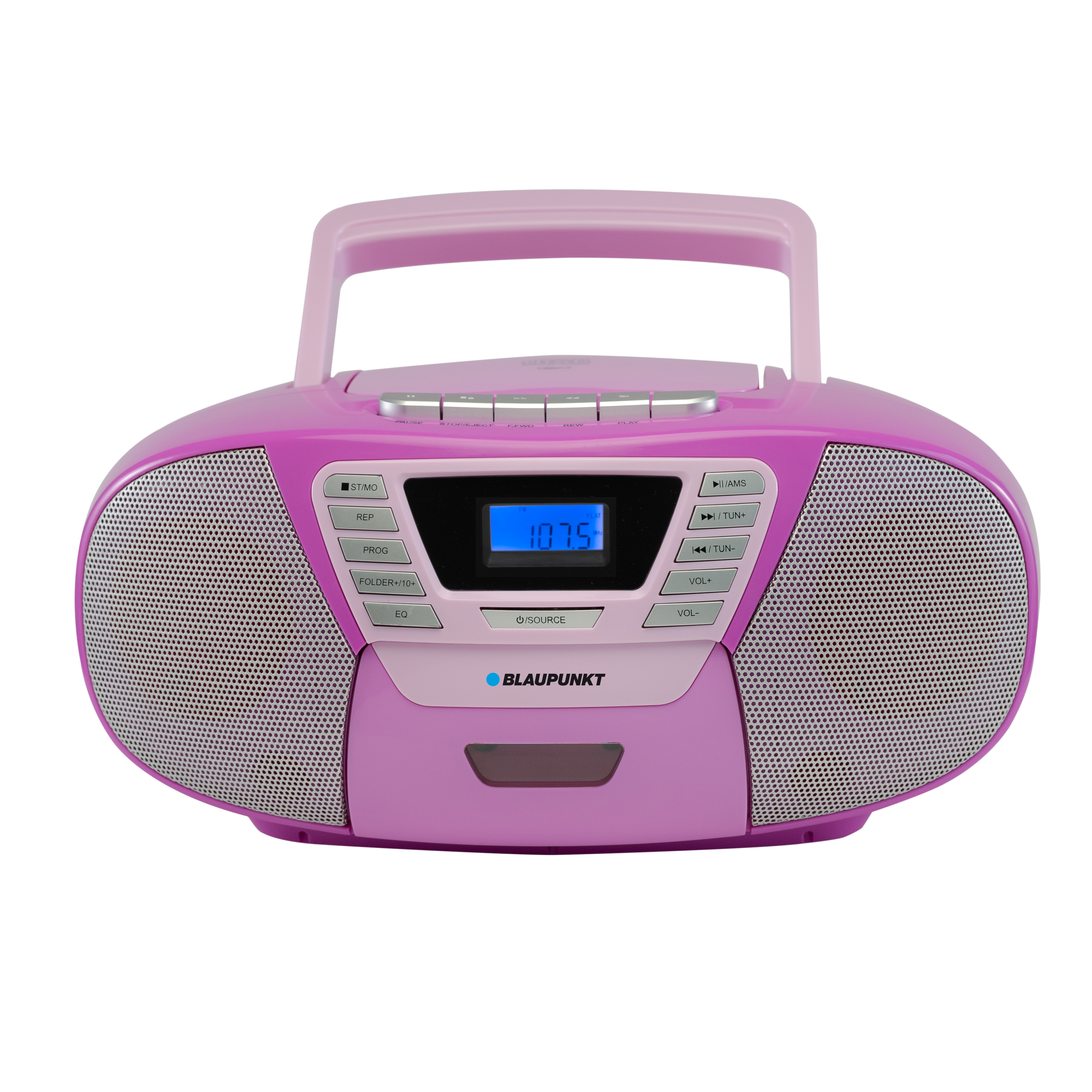 Ein pinkfarbener Blaupunkt-Boombox mit Griff, Knöpfen, Lautsprechern und einer Digitalanzeige mit 107,5. Isoliert auf Weiß.