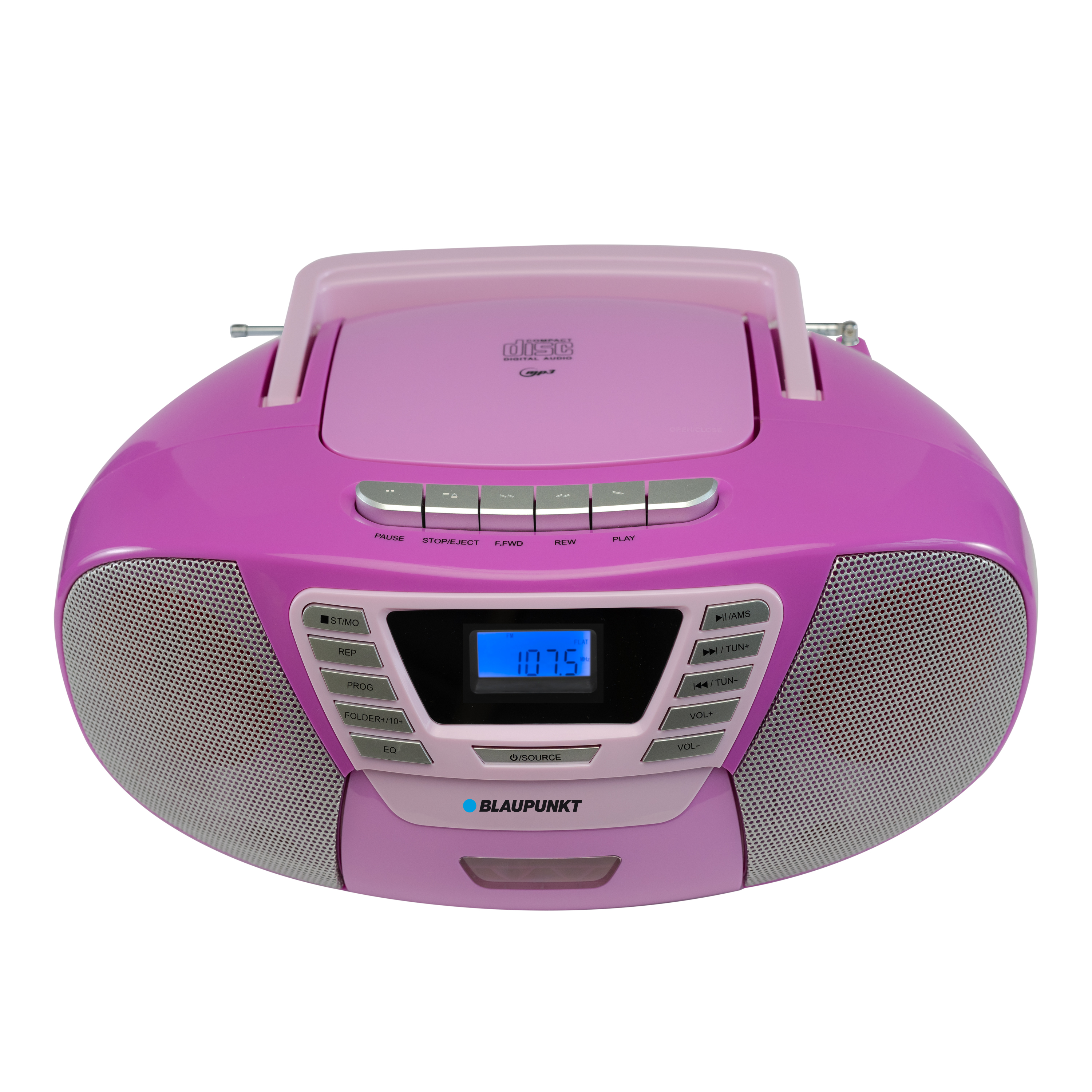 Rosa tragbares Radio mit CD-Player. Mit Knöpfen, Lautsprechern, Display und Antenne. Marke: Blaupunkt.