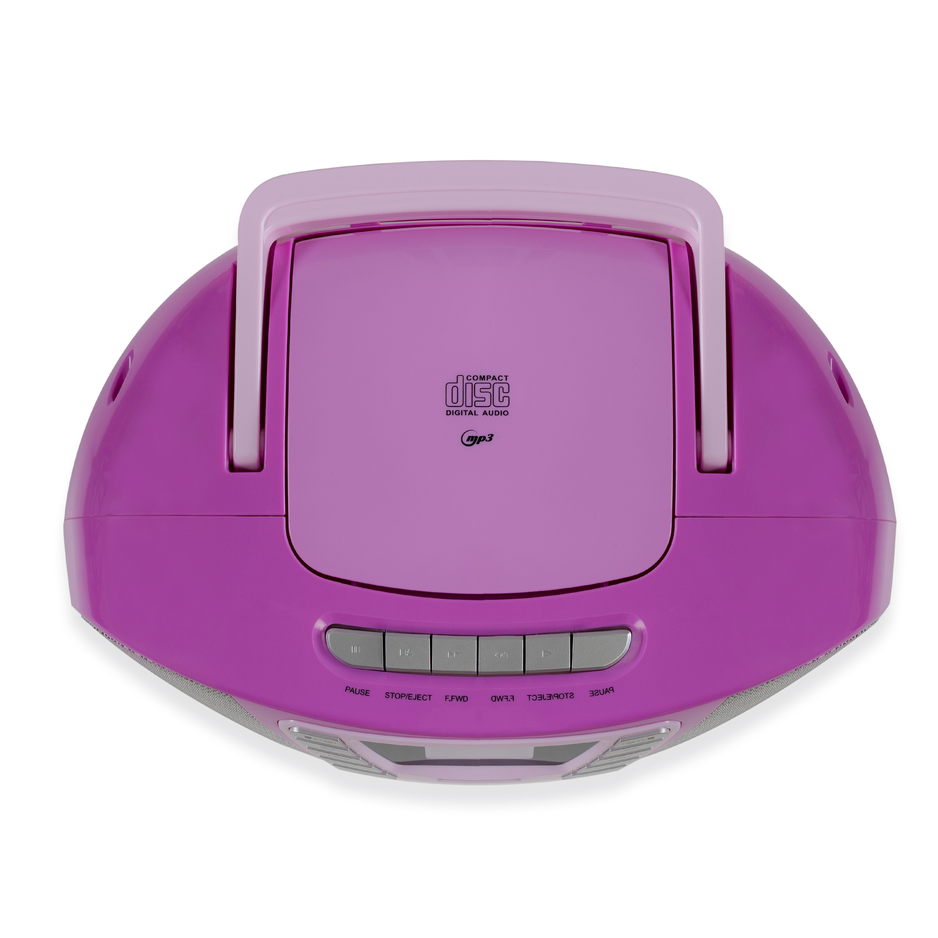 Ein pinkfarbener CD-Player mit Knöpfen. Er hat einen Griff und die Worte "Compact Disc" und "mp3".