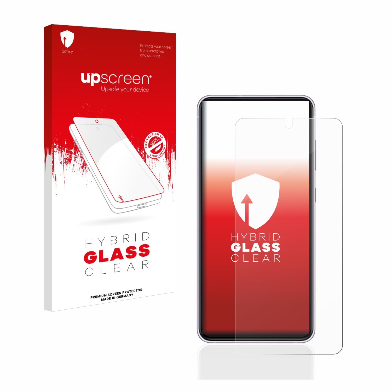 Telefon mit Displayschutz. Rote und weiße Verpackung links. Weißer Hintergrund.