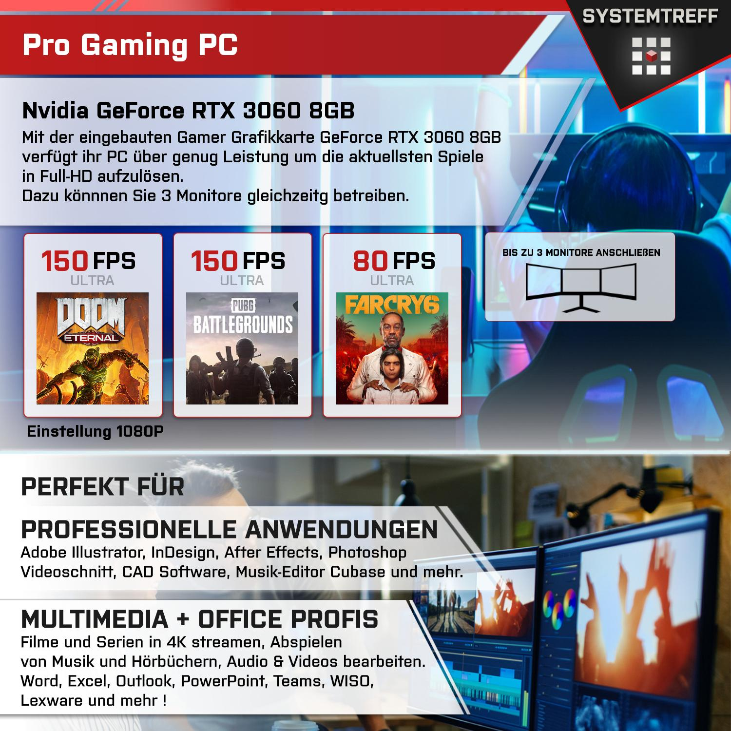 SYSTEMTREFF Gaming Komplett 1000 3060 Nvidia 8GB i5-12600K, Intel PC GeForce Core i5-12600K mSSD, GB mit Prozessor, 16 8 RTX Komplett RAM, GB GB GDDR6