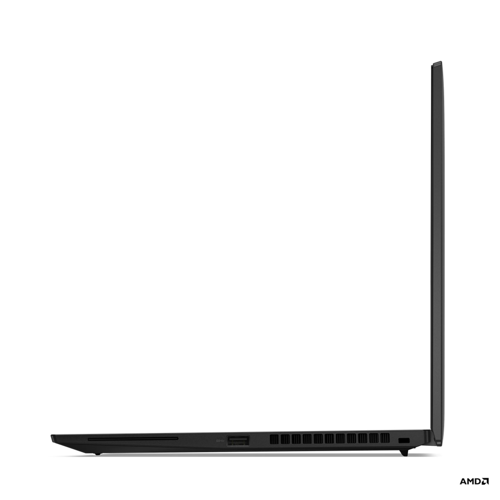 Vista lateral de una laptop negra. El logo de AMD visible en la esquina inferior derecha.