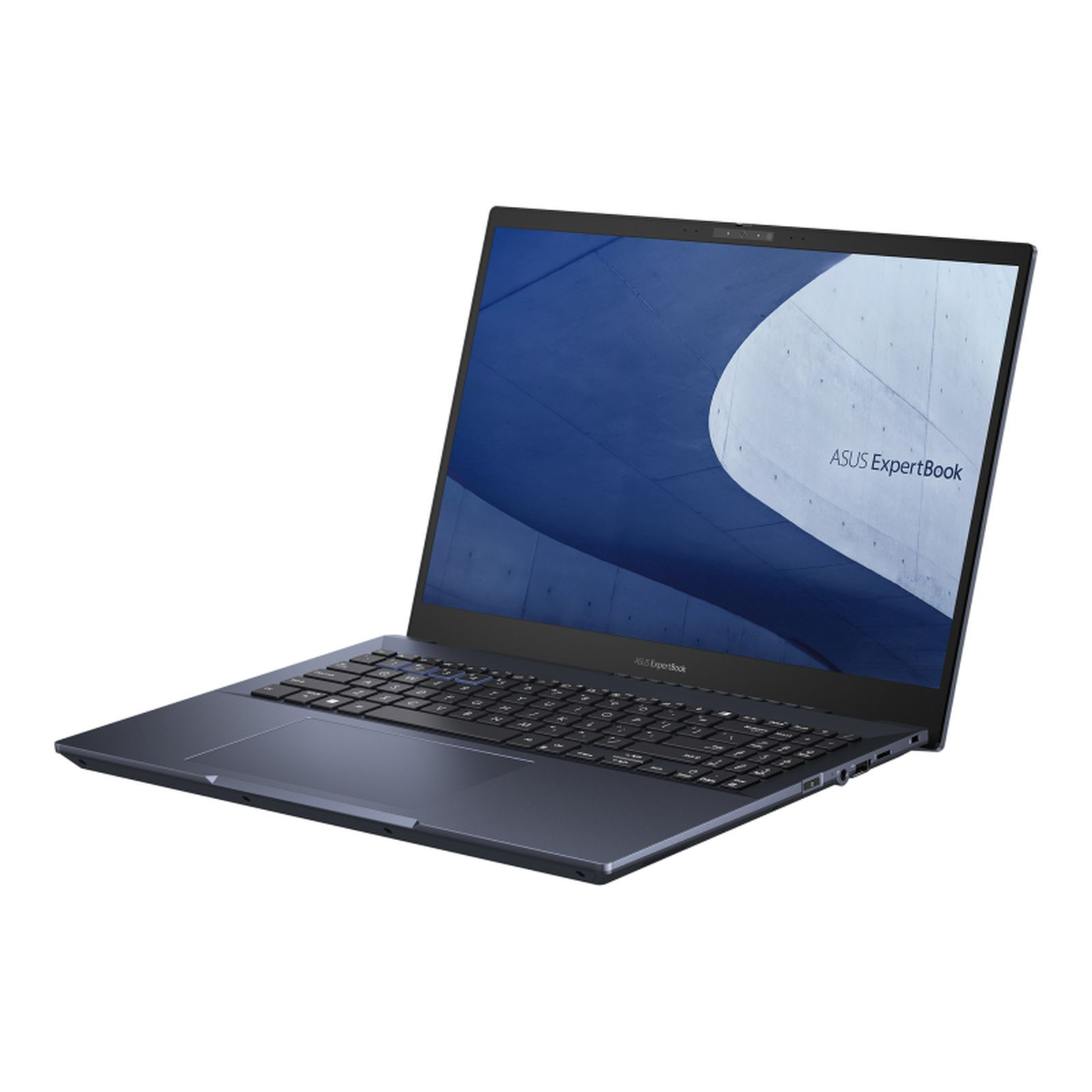 Ciemnoniebieski laptop na białej powierzchni. Jest otwarty, wyświetla ekran. Logo ASUS ExpertBook.