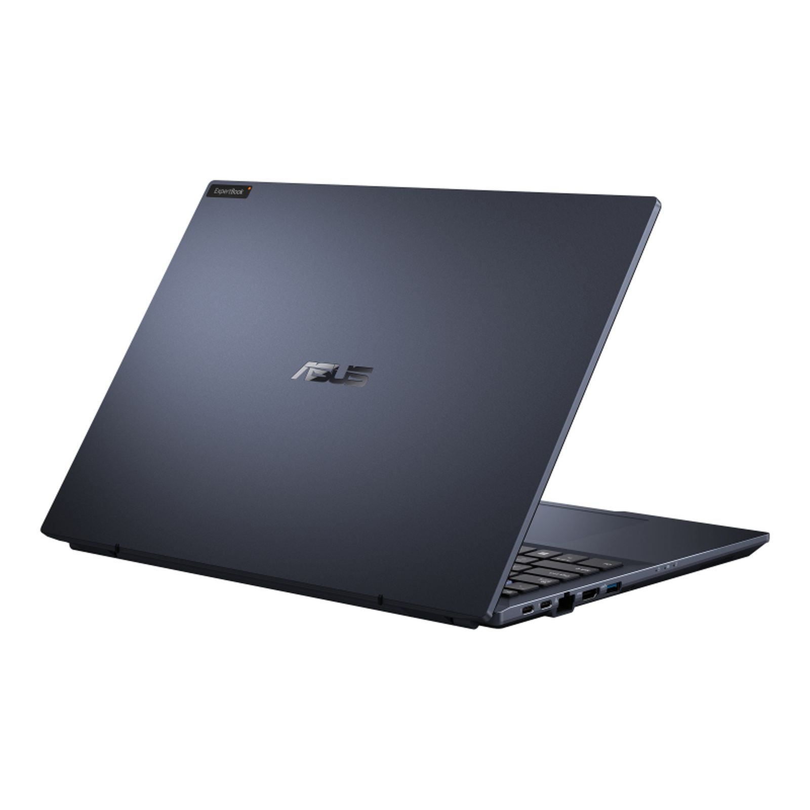 Granatowy laptop z logo ASUS na plecach, lekko otwarty, pokazujący klawiaturę.