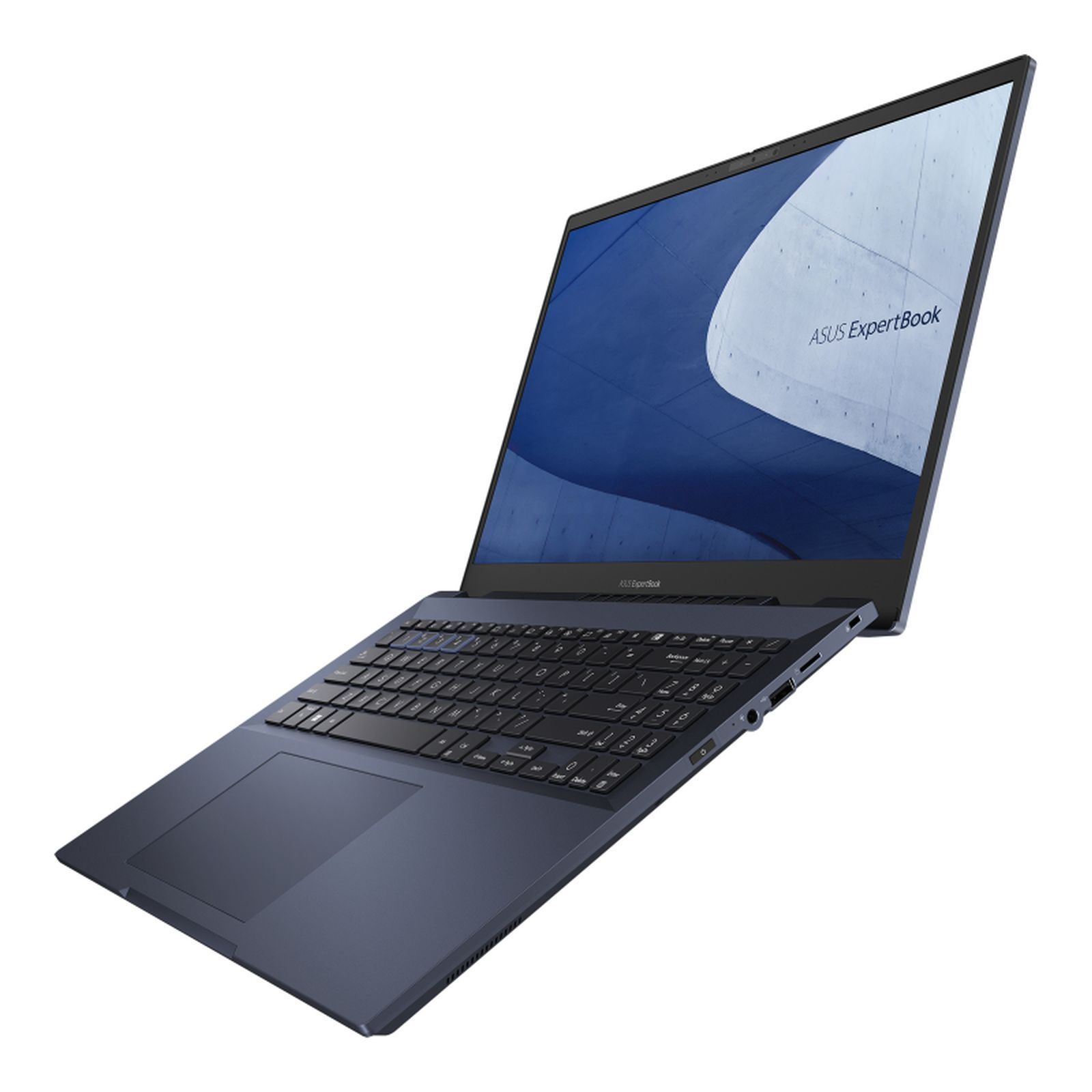 Laptop ASUS ExpertBook. Jest otwarty, ustawiony pod kątem i ma ciemnoniebieski kolor. Ekran wyświetla logo ASUS.
