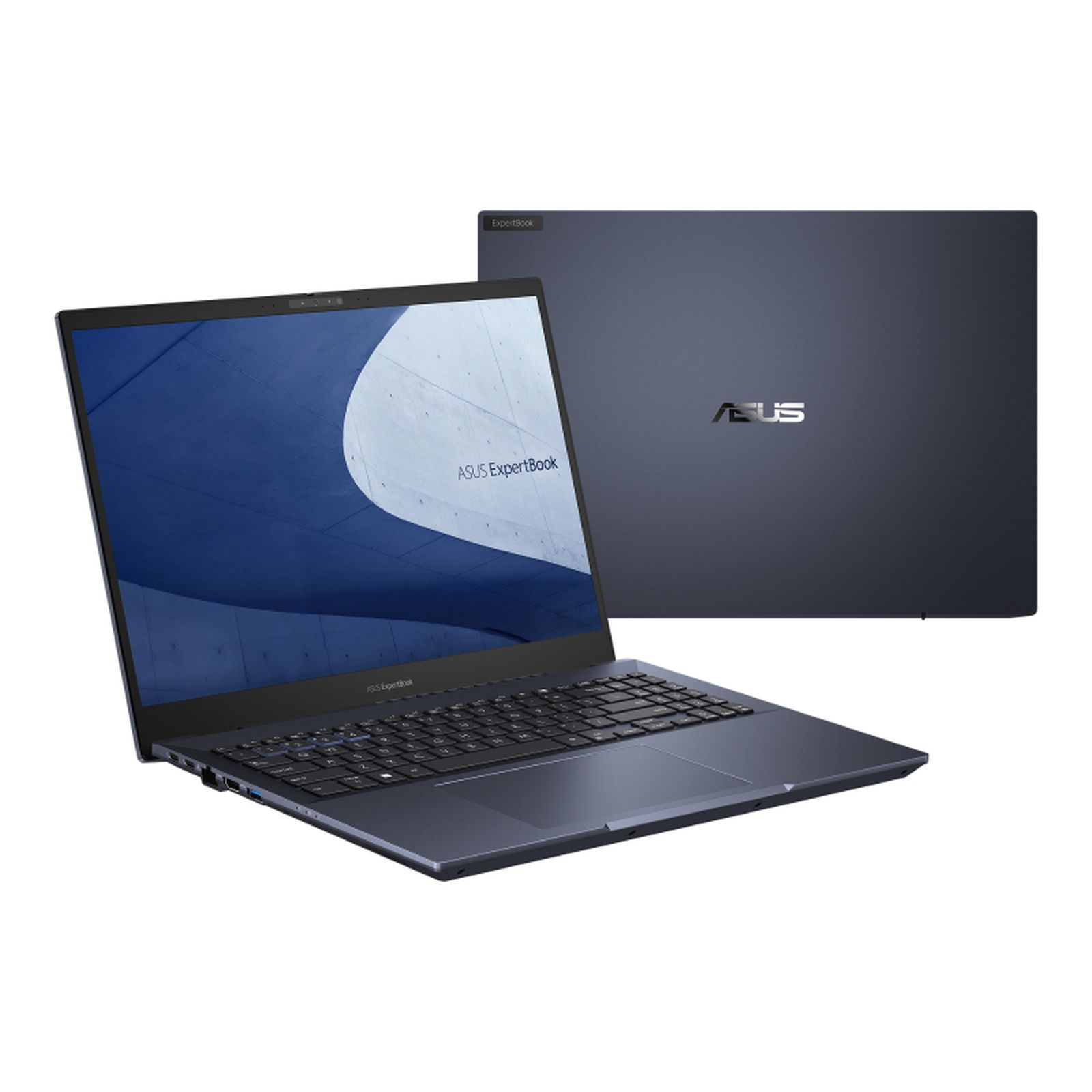 Laptop na białej powierzchni. Widoczny tył i ekran, pokazujące niebieski wzór.