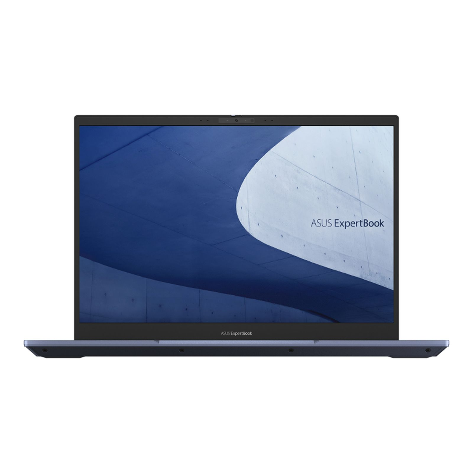 Laptop ASUS ExpertBook, ekran pokazujący betonową ścianę, klawiaturę i niebieską ramkę.