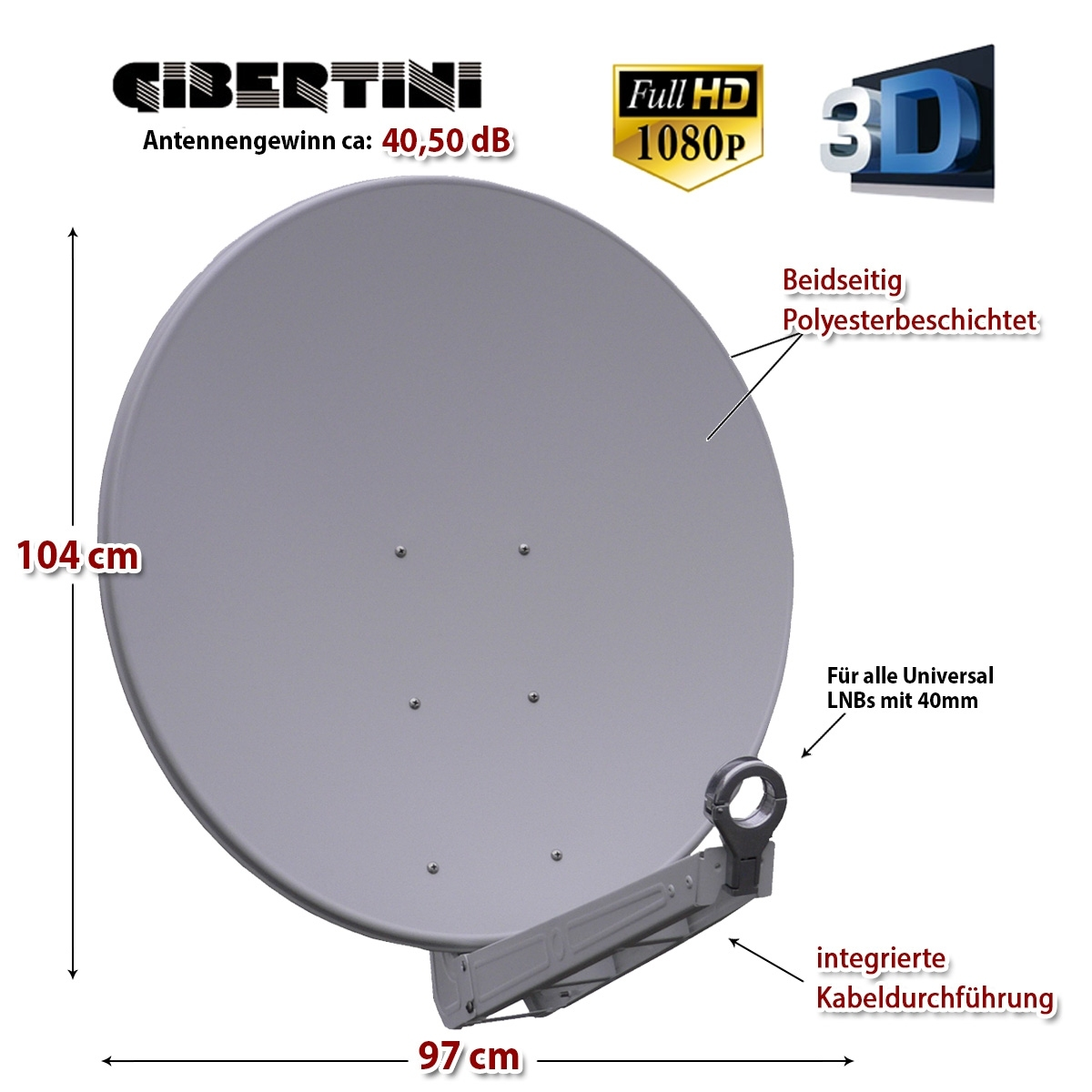 Satellitenschüssel: Weiß, rund, mit Abmessungen und Textbeschriftungen. Graue Halterung und Arm.