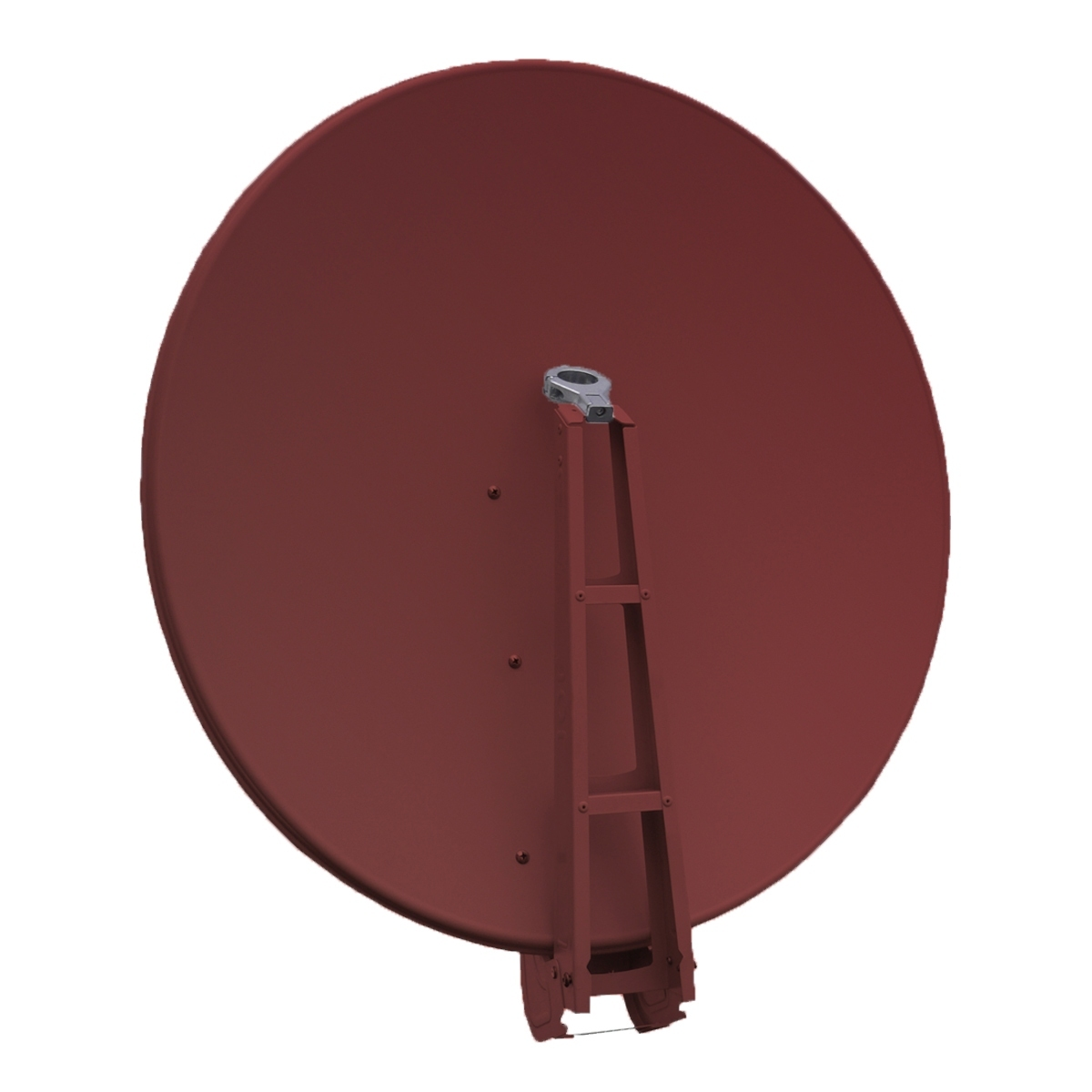 Große rote Satellitenschüssel mit Metallrahmen und Tragkonstruktion. Weißer Hintergrund.