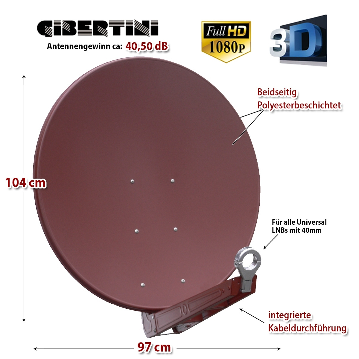 Braune Satellitenschüssel mit Text und Maßen, auf weißem Hintergrund.