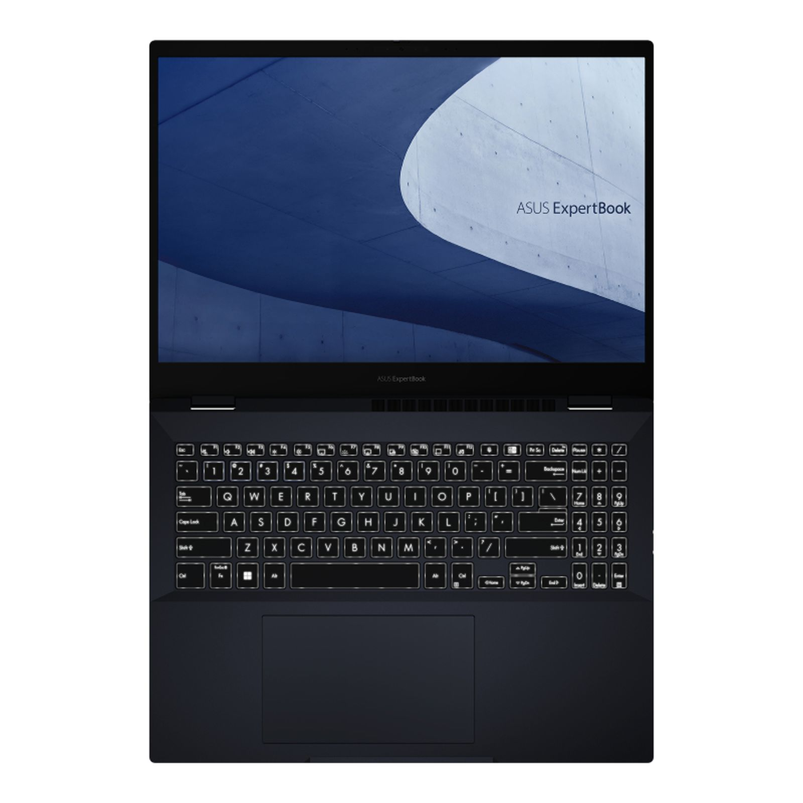 Czarna klawiatura laptopa z białymi, podświetlanymi klawiszami. Ekran wyświetla tekst "ASUS ExpertBook".