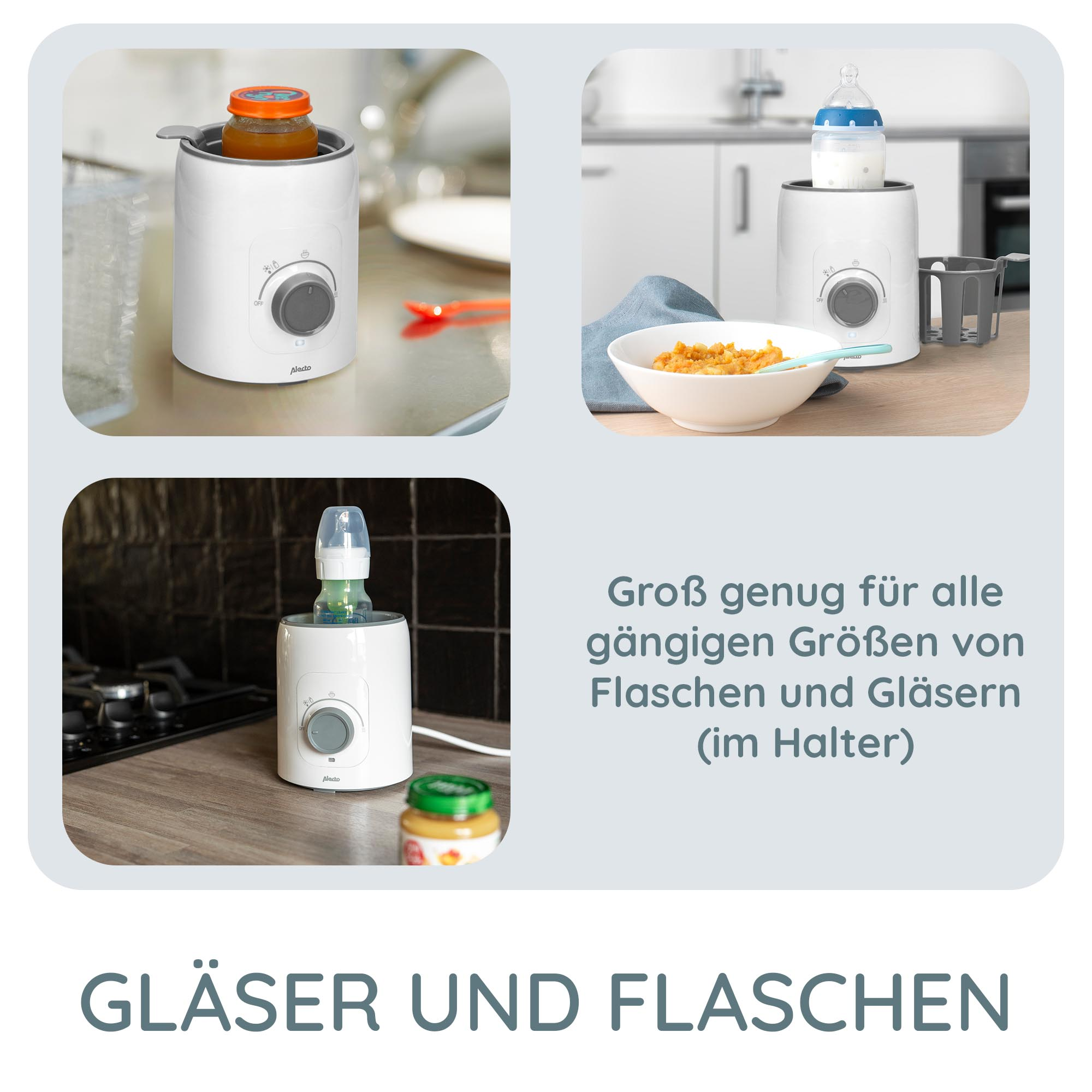 Babyflaschenwärmer mit Flaschen und Gläsern, mit Text: Gläser und Flaschen.