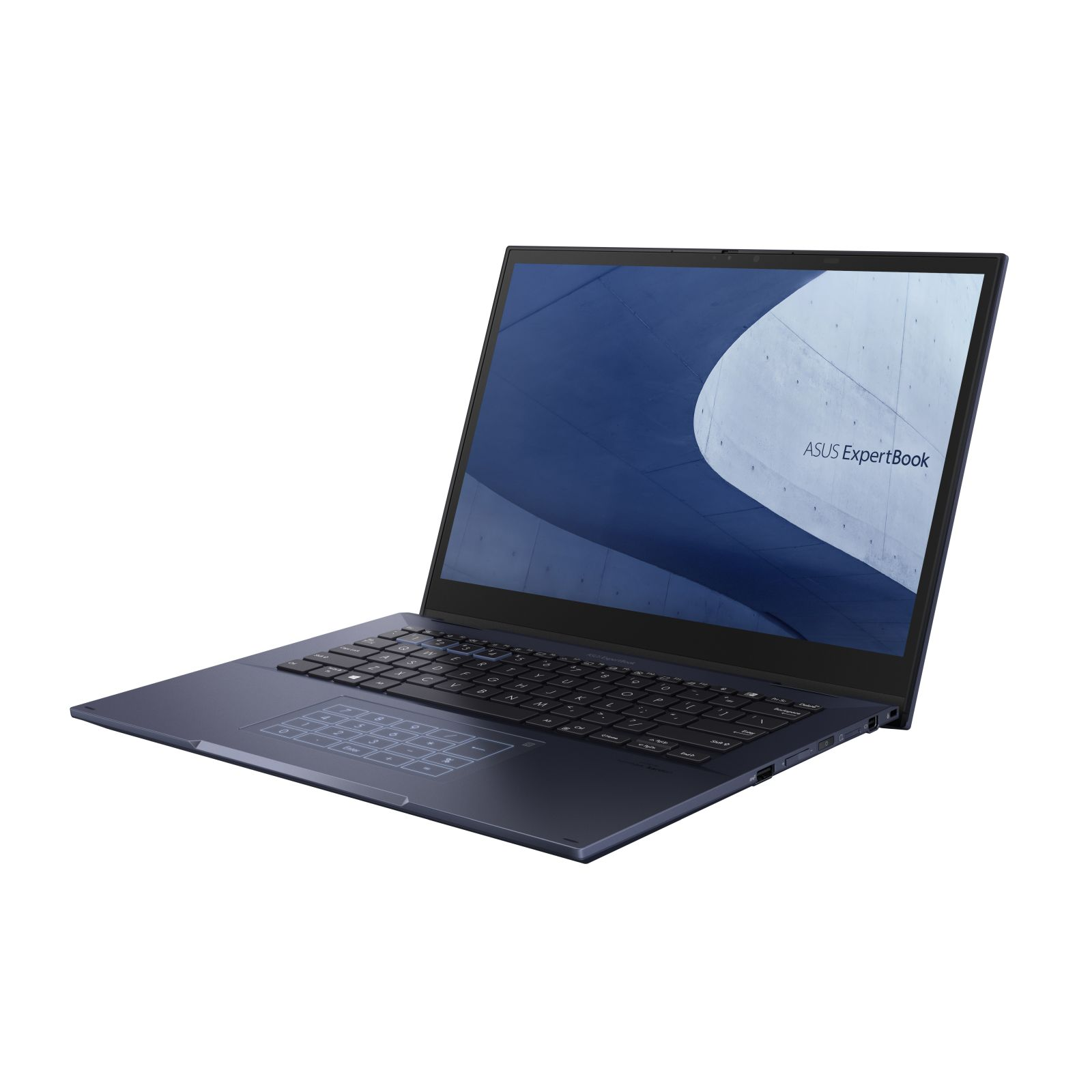 Laptop blu aperto, vista angolata, sfondo bianco. Tastiera visibile. Marchio ASUS ExpertBook.