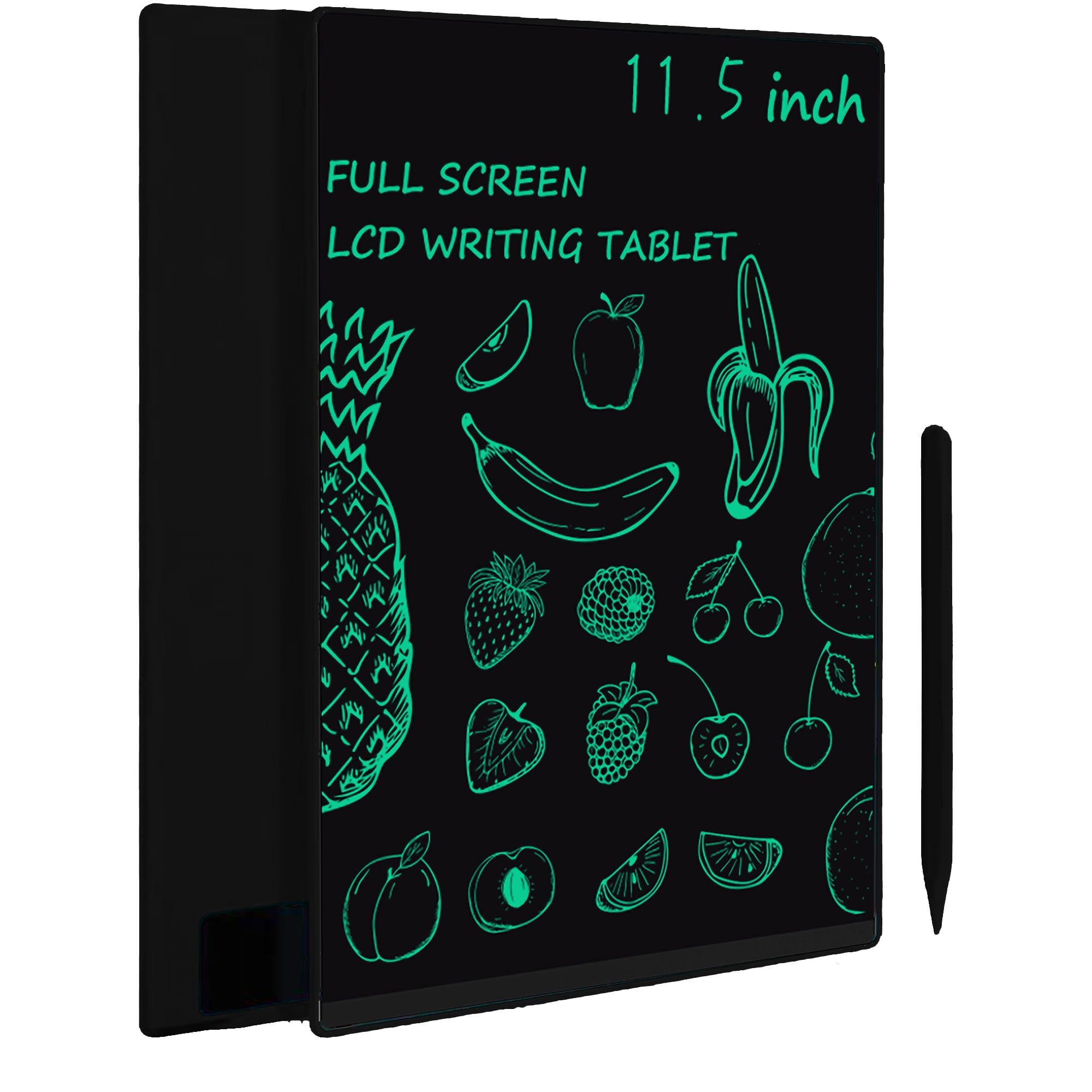 Tableta de escritura LCD negra con dibujos verdes de frutas y un bolígrafo. La pantalla dice 11.5 pulgadas.