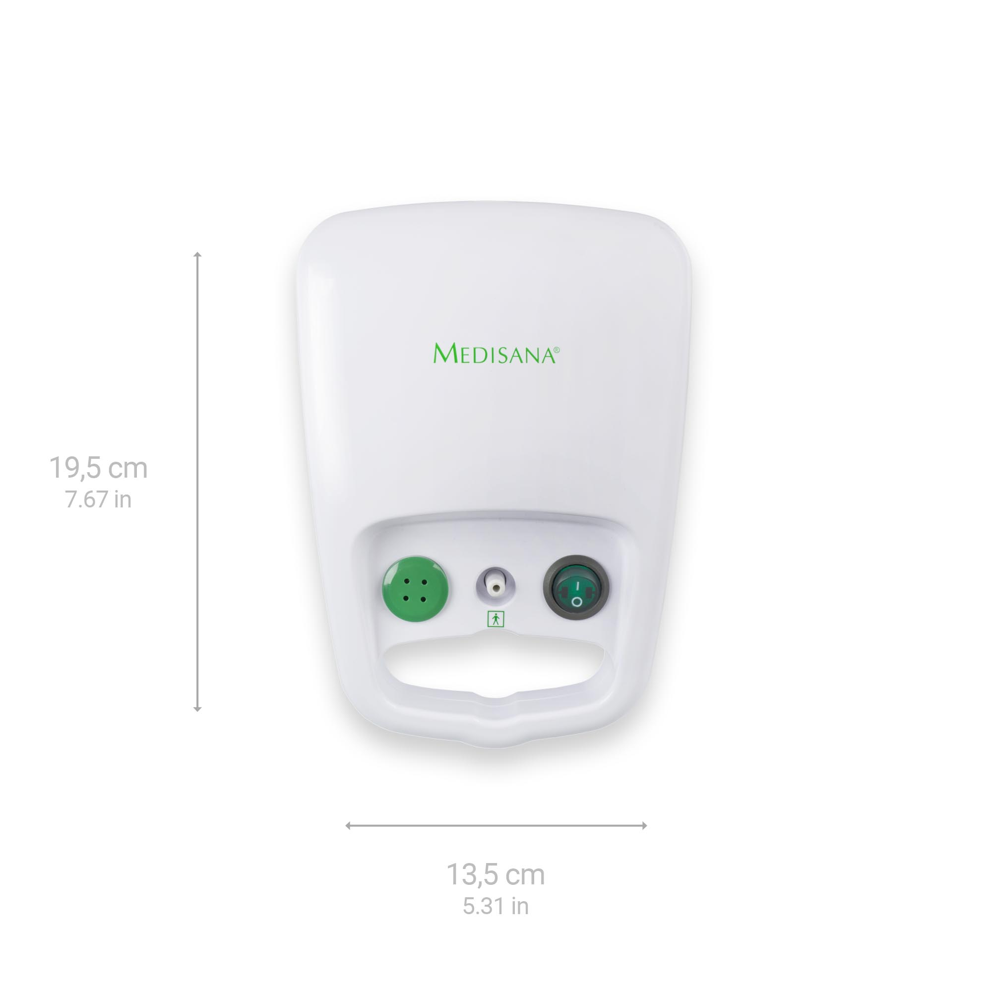 White nebulizer with green buttons and handle, dimensions shown. 'MEDISANA' is written on top.