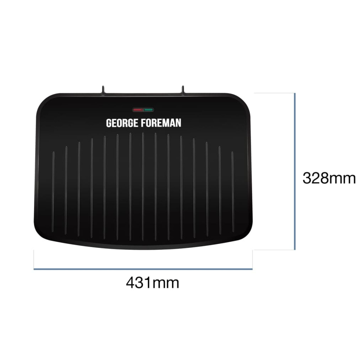 Schwarzer George Foreman Grill mit Abmessungen, 431 mm breit und 328 mm lang.
