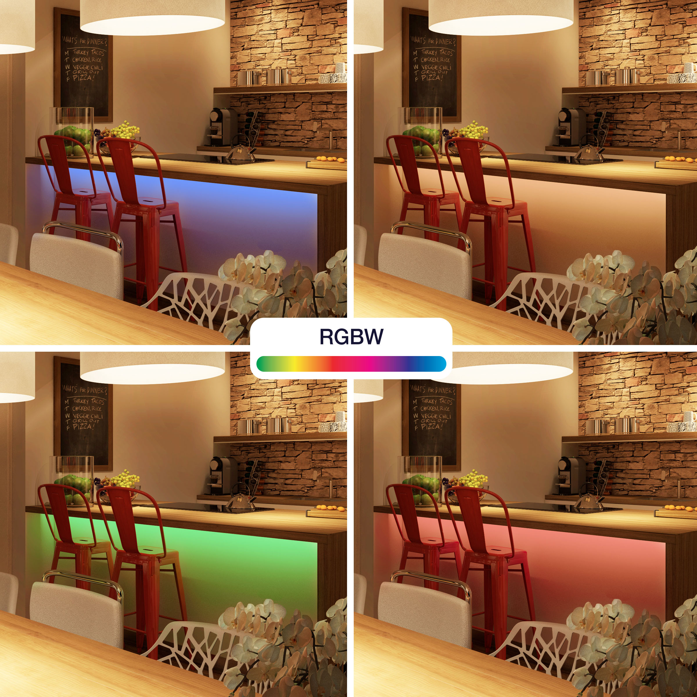 Vier interieurscènes met gekleurde verlichting. Elke scène toont rode stoelen en een bar.