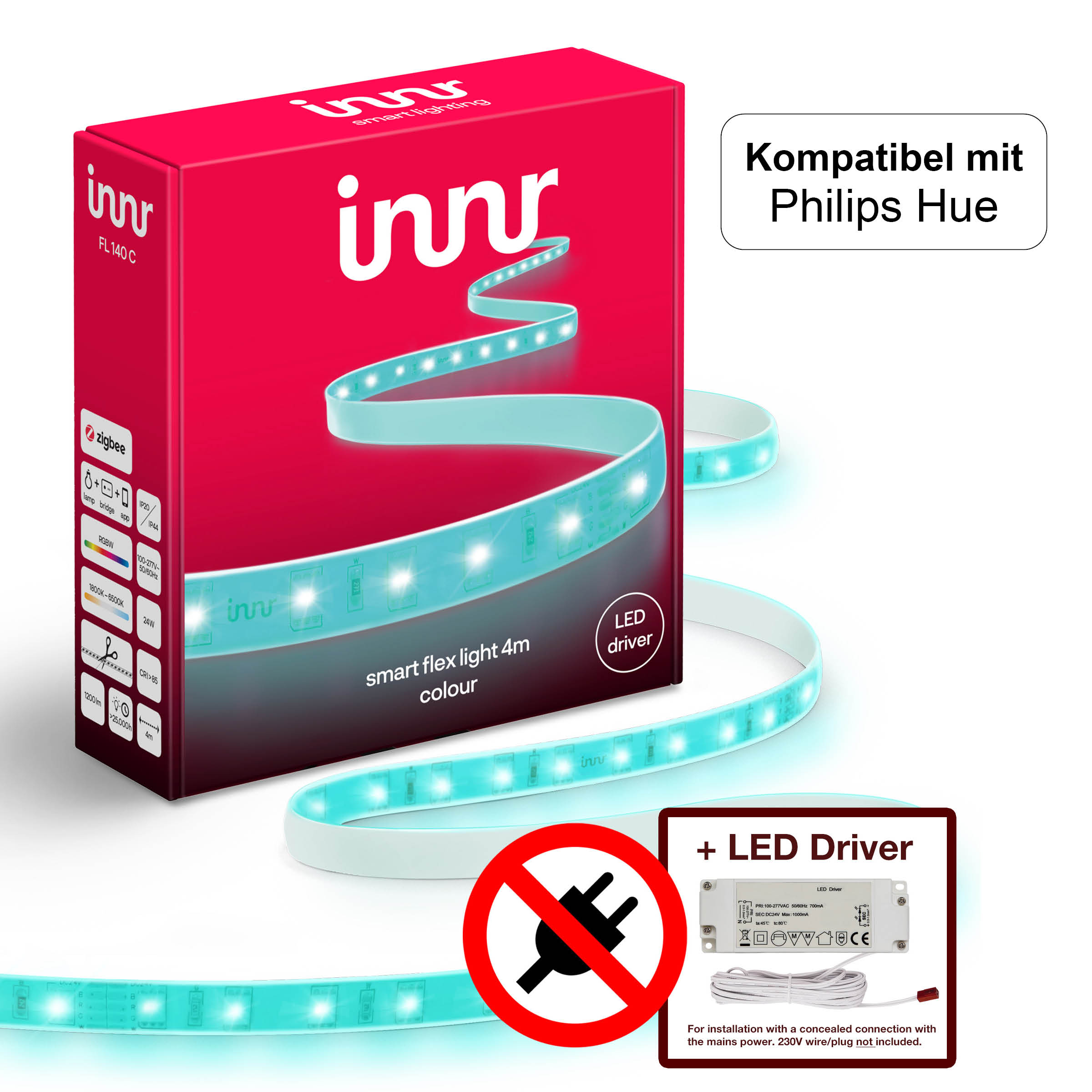 Driver, Hue white RGB /LD Zigbee 1800K-6500K & C mit INNR FL Indoor 140 Kompatibel Led 4M Flex Stripe Philips Alexa, Strip + LED