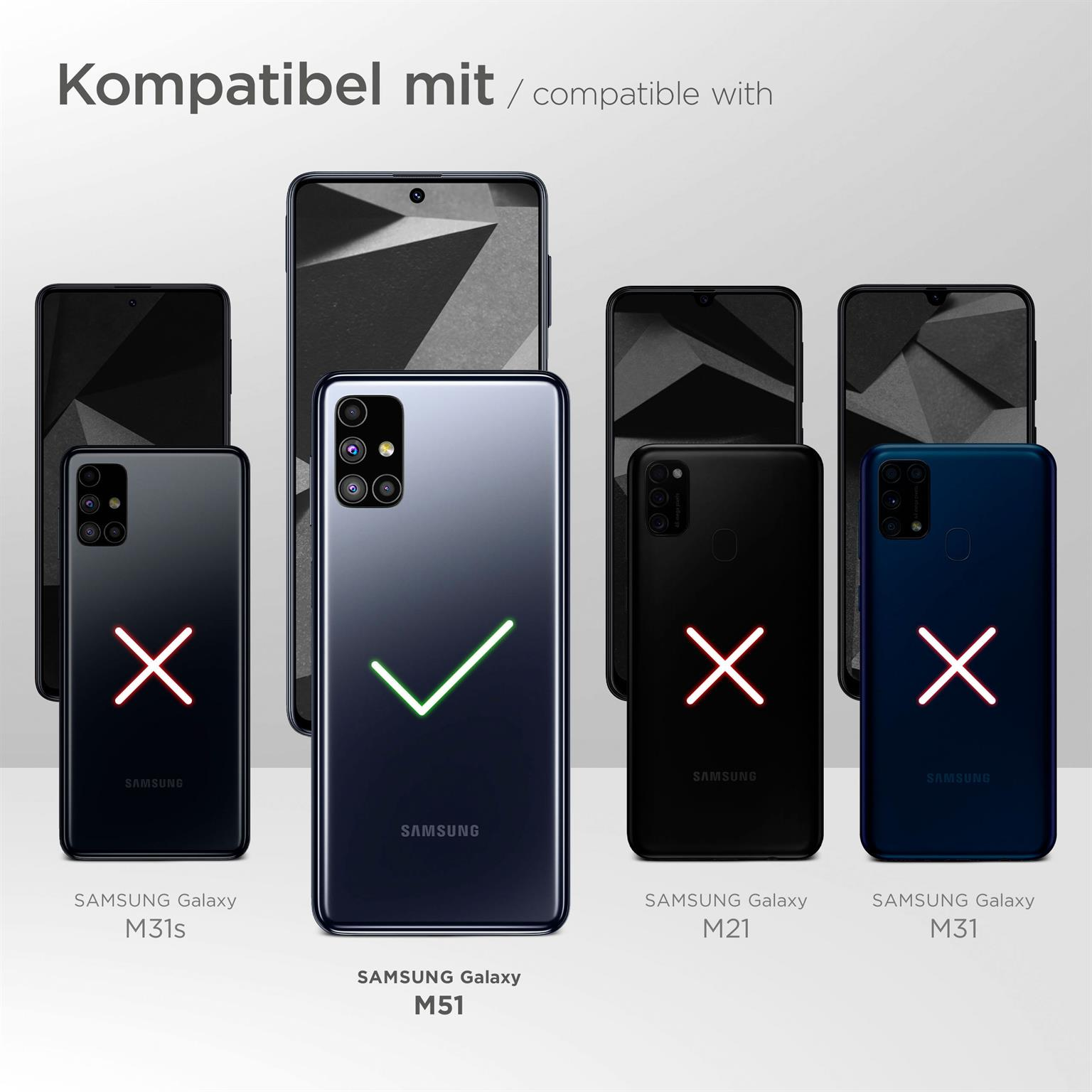 Bild mit Kompatibilität von Samsung-Telefonen. Nur das Samsung Galaxy M51 ist kompatibel.