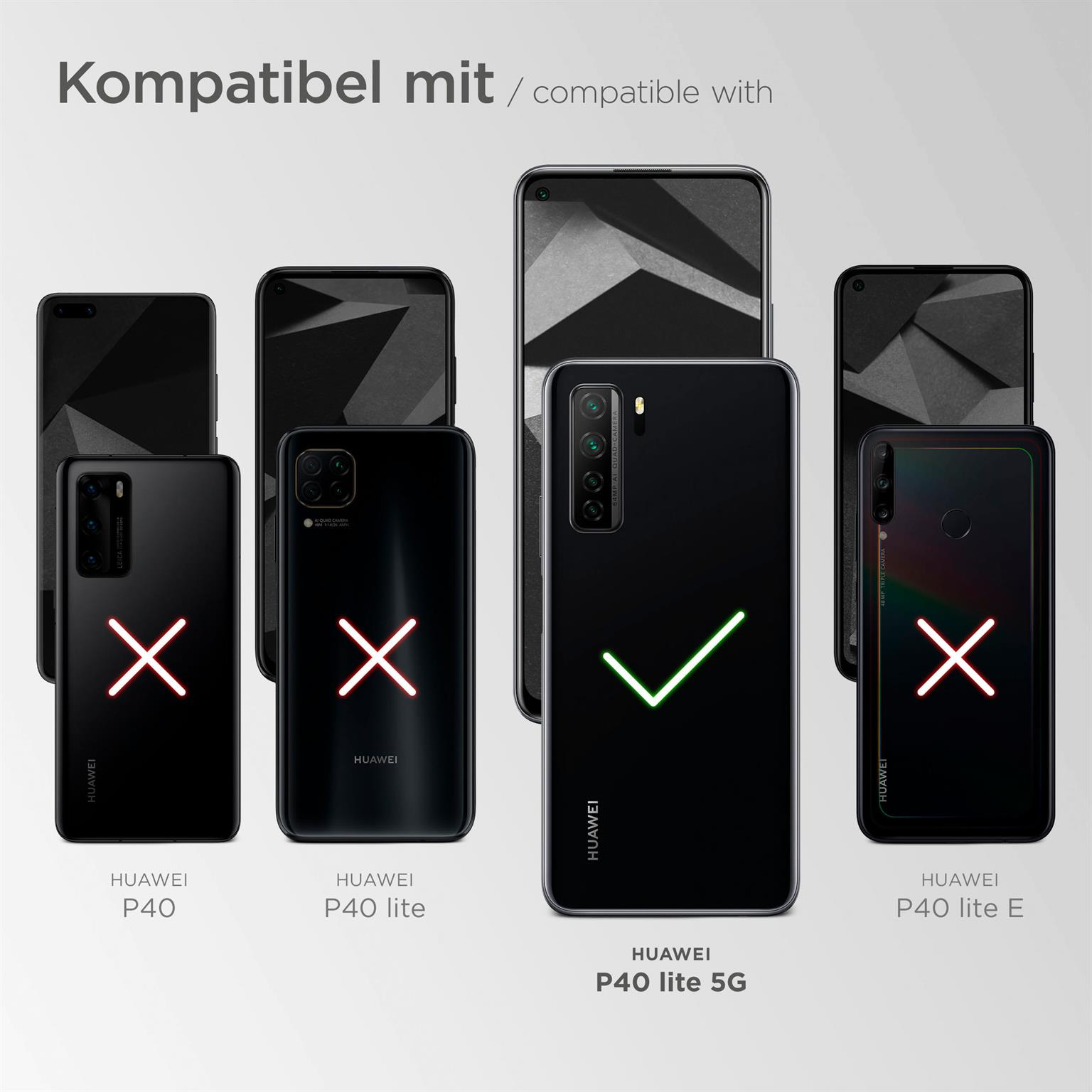 Smartphones: Huawei P40 lite 5G ist kompatibel, andere zeigen rotes X. Schwarze Telefone auf weißem Grund.