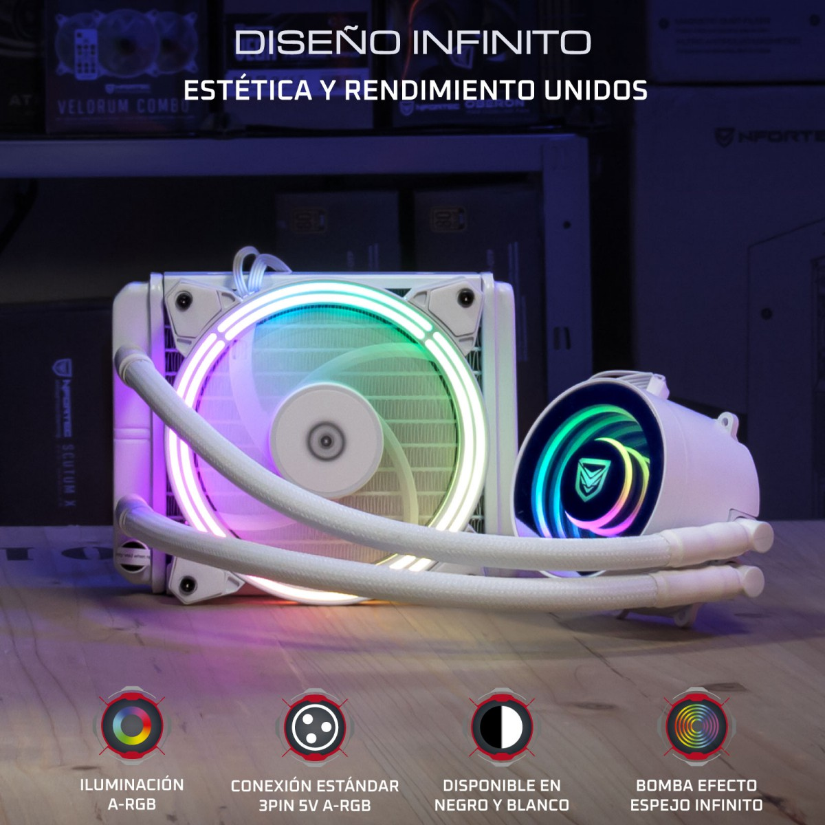 Sistema de refrigeración para computadora blanco con iluminación RGB, tubos y bomba.