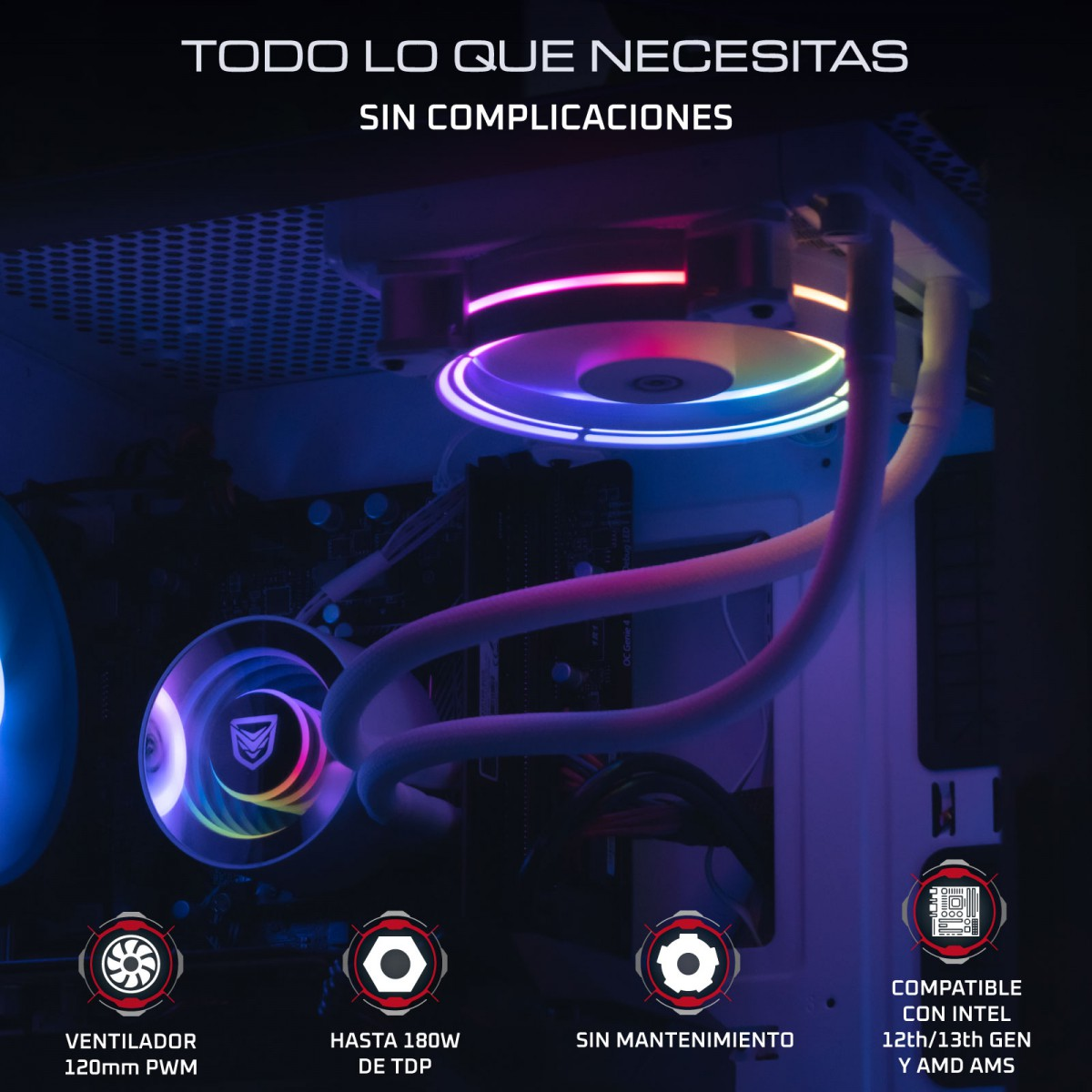 Componentes de computadora con enfriador líquido e iluminación RGB.