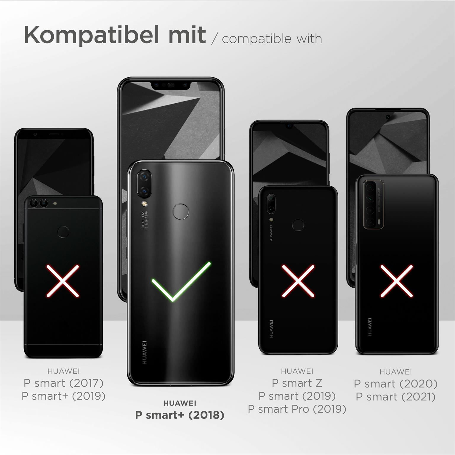Smartphones mit Hüllen; eines hervorgehoben, andere mit roten Kreuzen. Kompatible Modelle gezeigt.