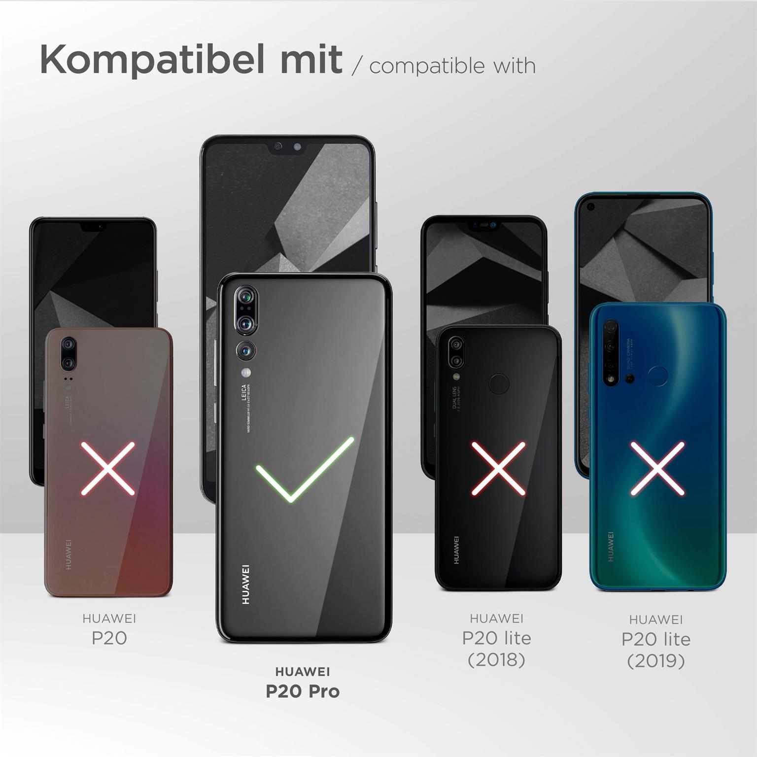 Das Bild zeigt Huawei-Telefone mit Kompatibilitätsprüfung. P20 Pro hat ein grünes Häkchen. Andere haben rote X-Markierungen.