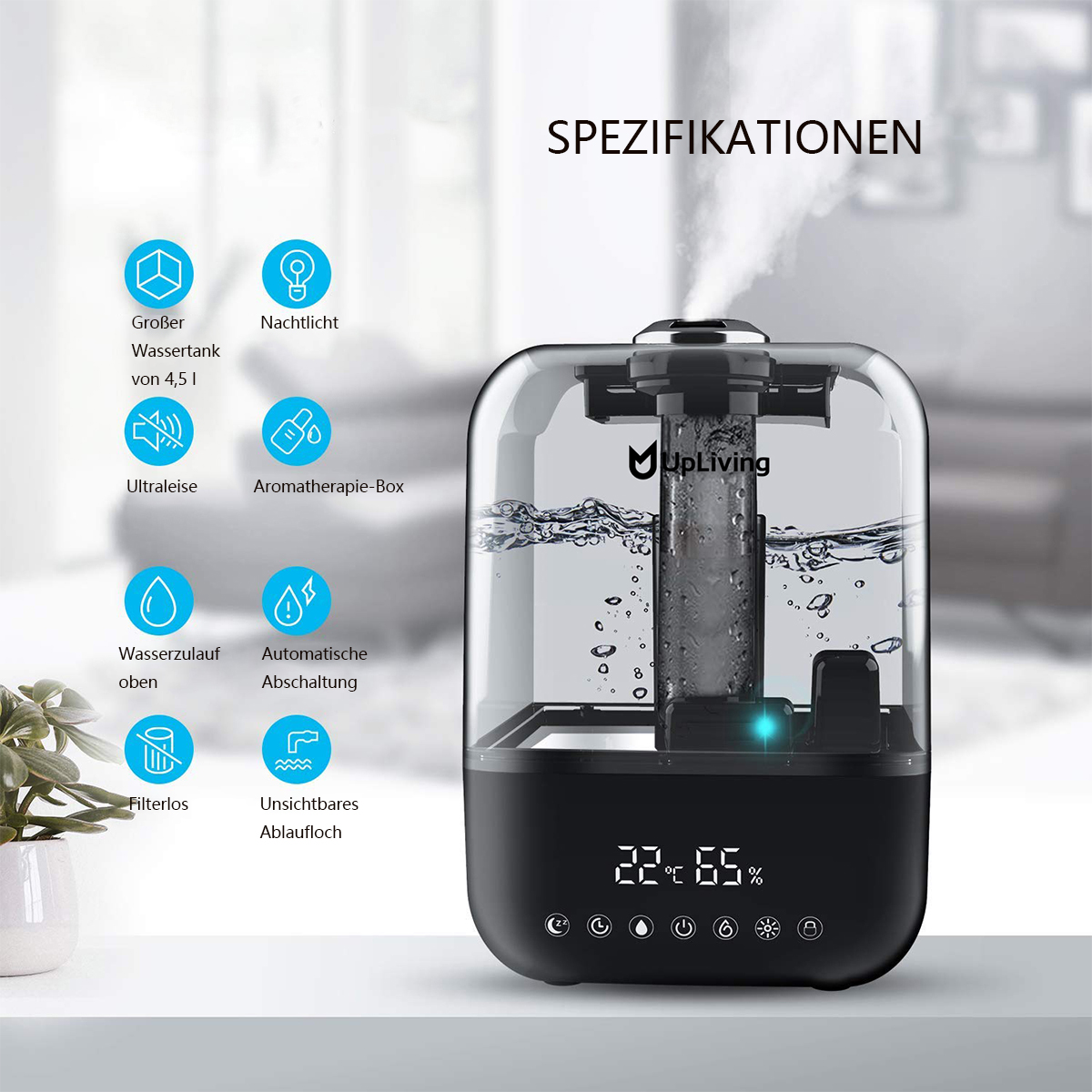Transparenter Luftbefeuchter mit schwarzer Basis. Zeigt Innenteile und hat eine Digitalanzeige. Text: Spezifikationen.