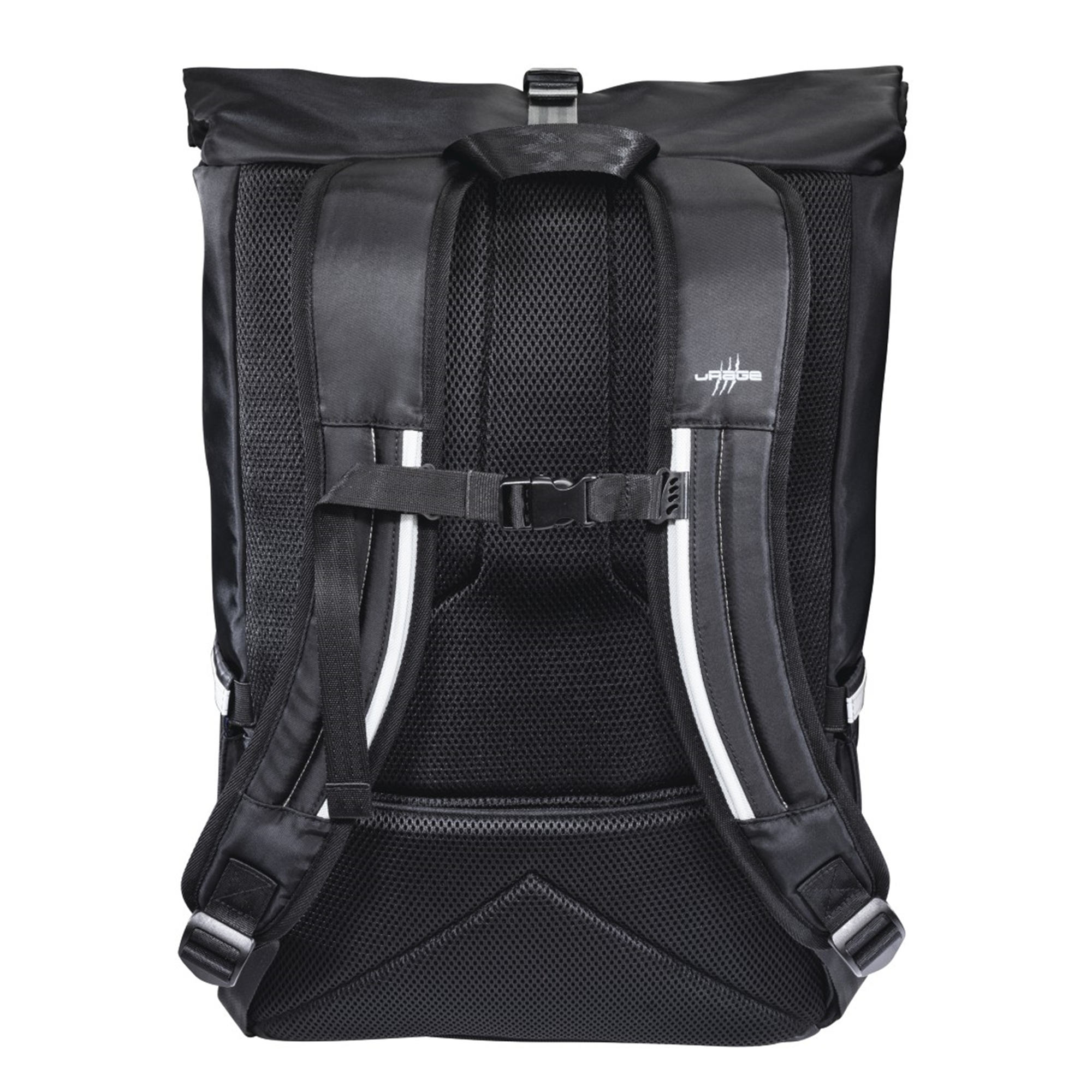 Ein schwarzer Rucksack mit weißen Streifen, sichtbaren Trägern und Mesh-Details.
