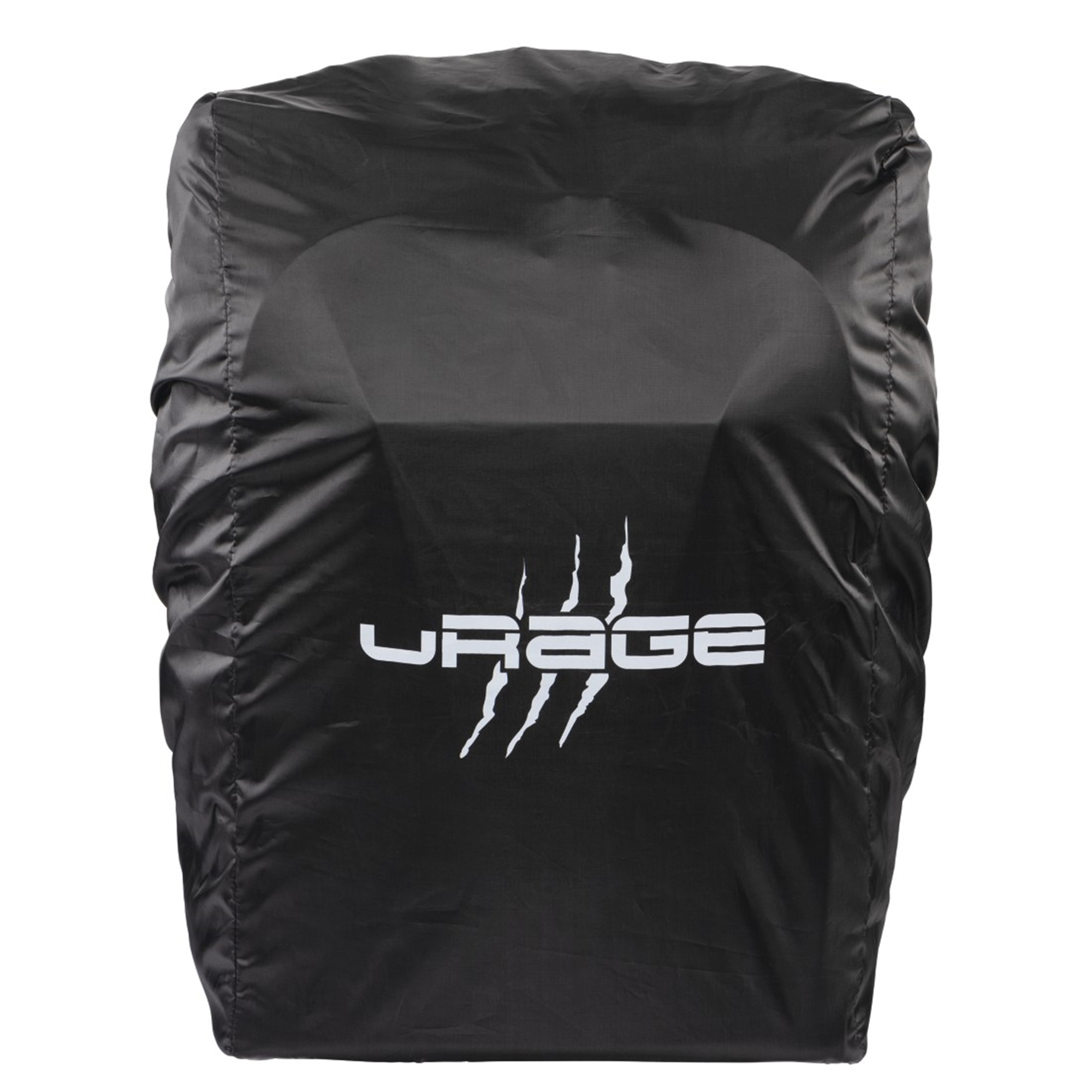 Eine schwarze Rucksackhülle mit dem URAGE-Logo in Weiß. Die Hülle befindet sich auf einem Stuhl.
