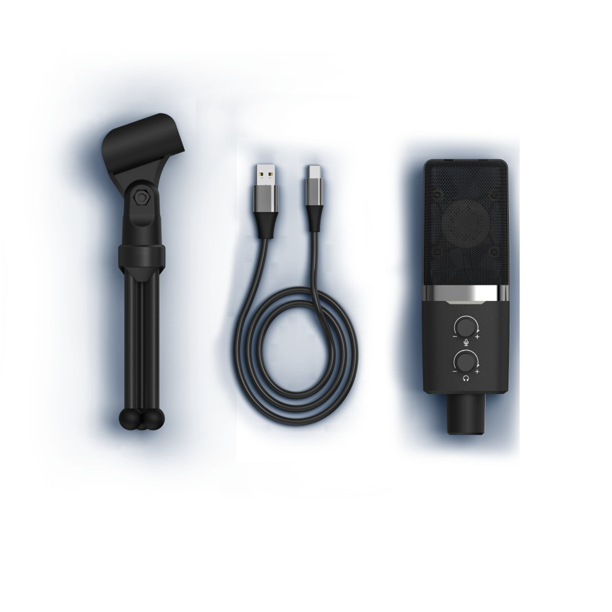 Mikrofon-Setup: Mikrofon, Ständer und zwei USB-Kabel. Schwarze und silberne Farben auf weißem Hintergrund.