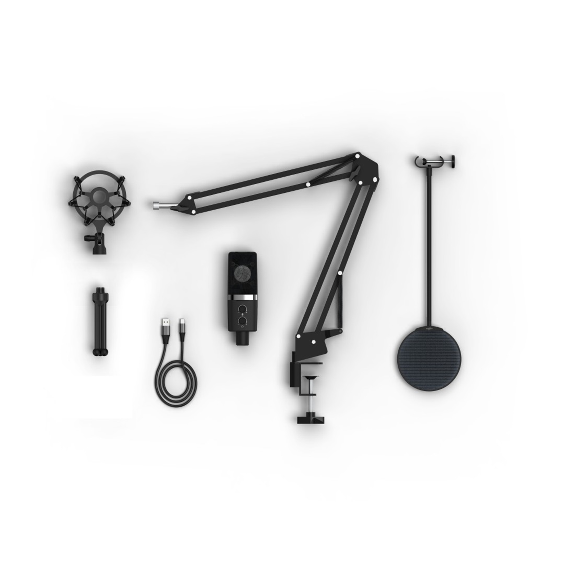 Set aus schwarzem Mikrofon und seinen Komponenten. Weißer Hintergrund. Draufsicht.
