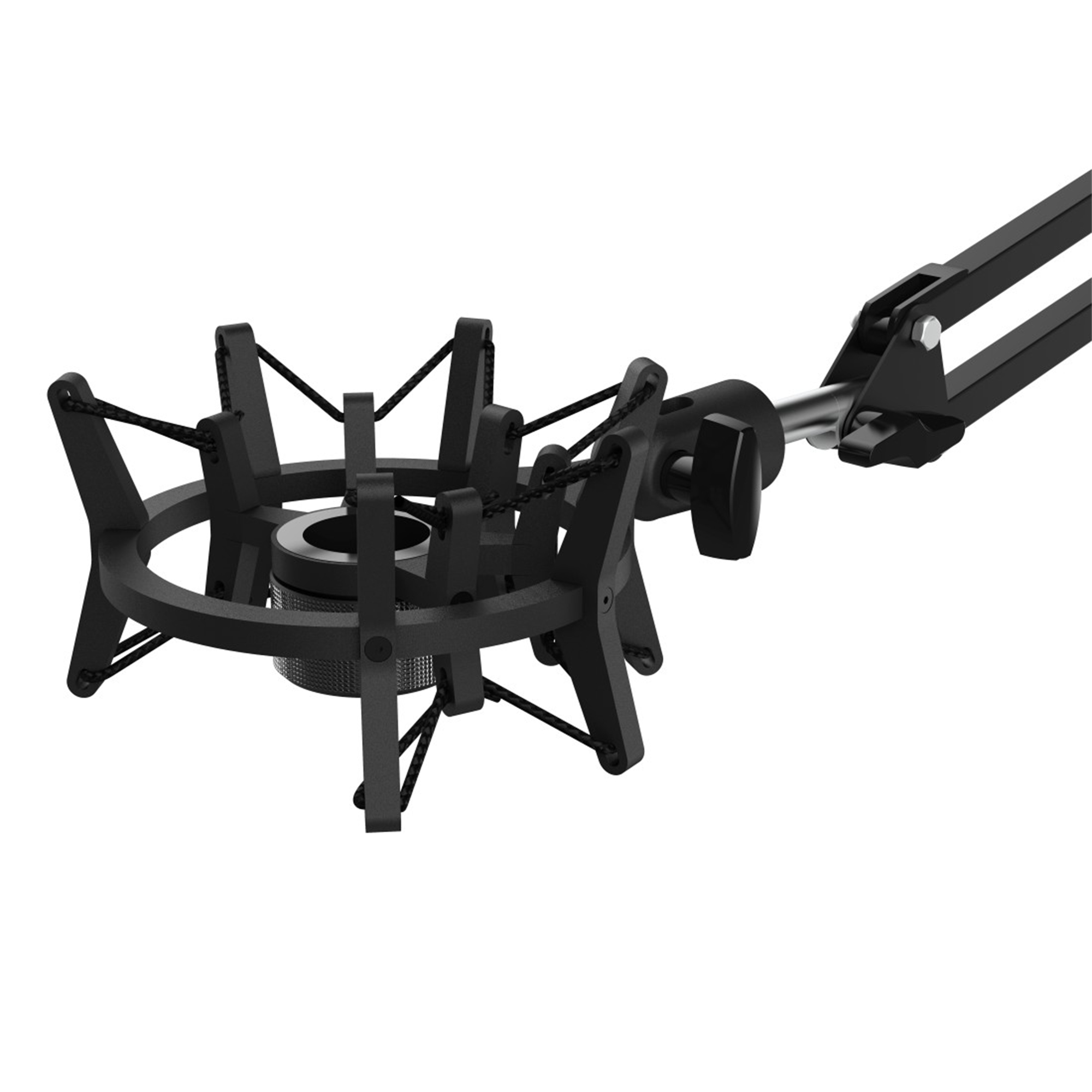 Eine schwarze Mikrofon-Stoßdämpferhalterung mit schwarzem Arm, isoliert auf weißem Hintergrund.