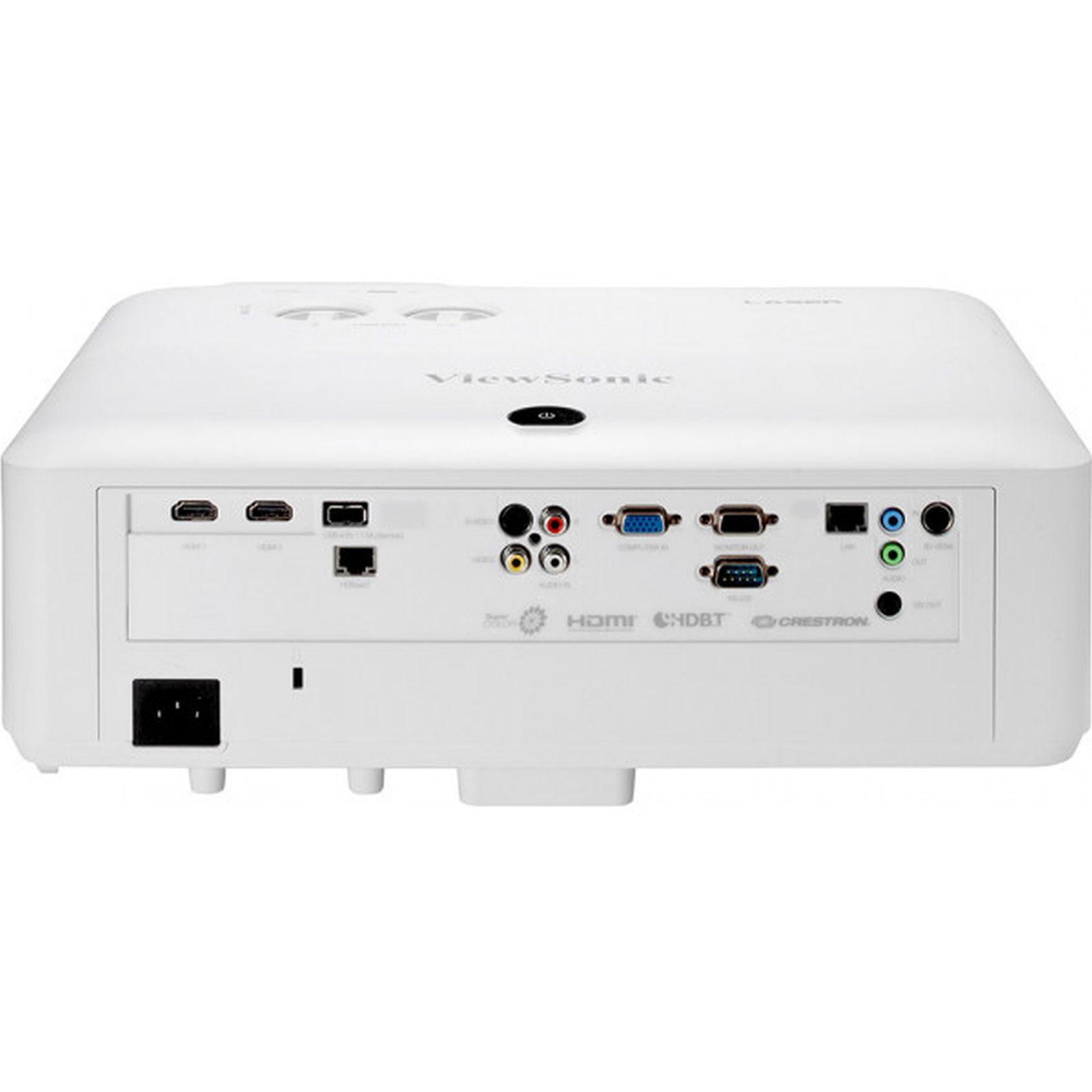 Proiettore ViewSonic bianco, vista posteriore, con porte e connessioni.