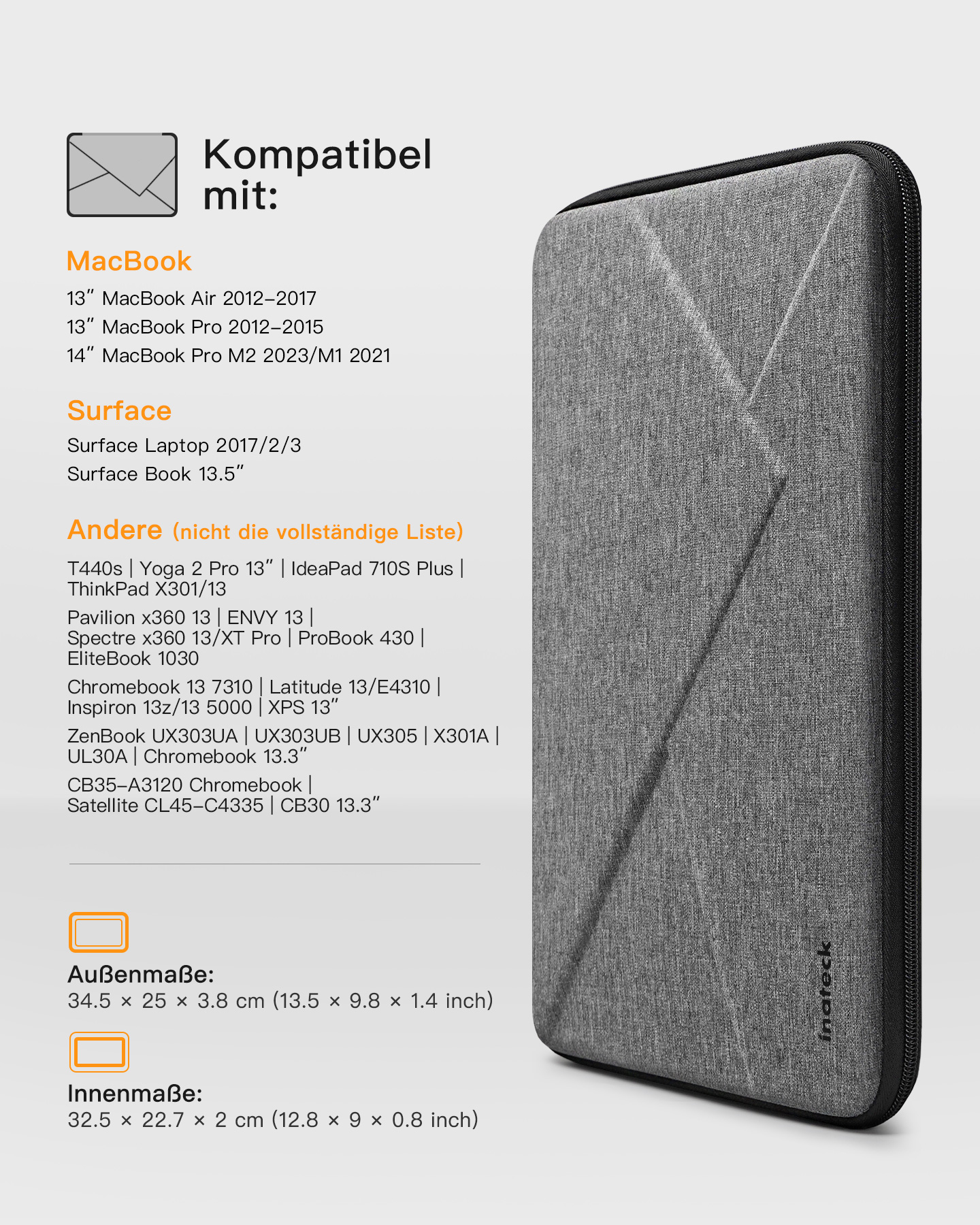 Eine graue Laptop-Tasche mit verschiedenen Kompatibilitätslisten auf weißem Hintergrund.