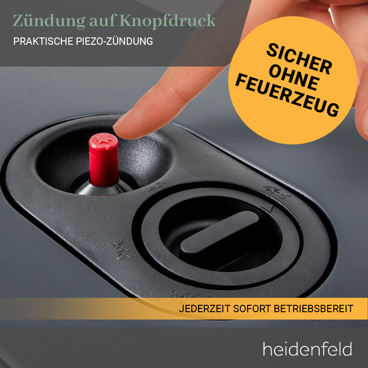 Nahaufnahme eines roten Zünders an einem schwarzen Gerät. Finger drückt den Zünder.