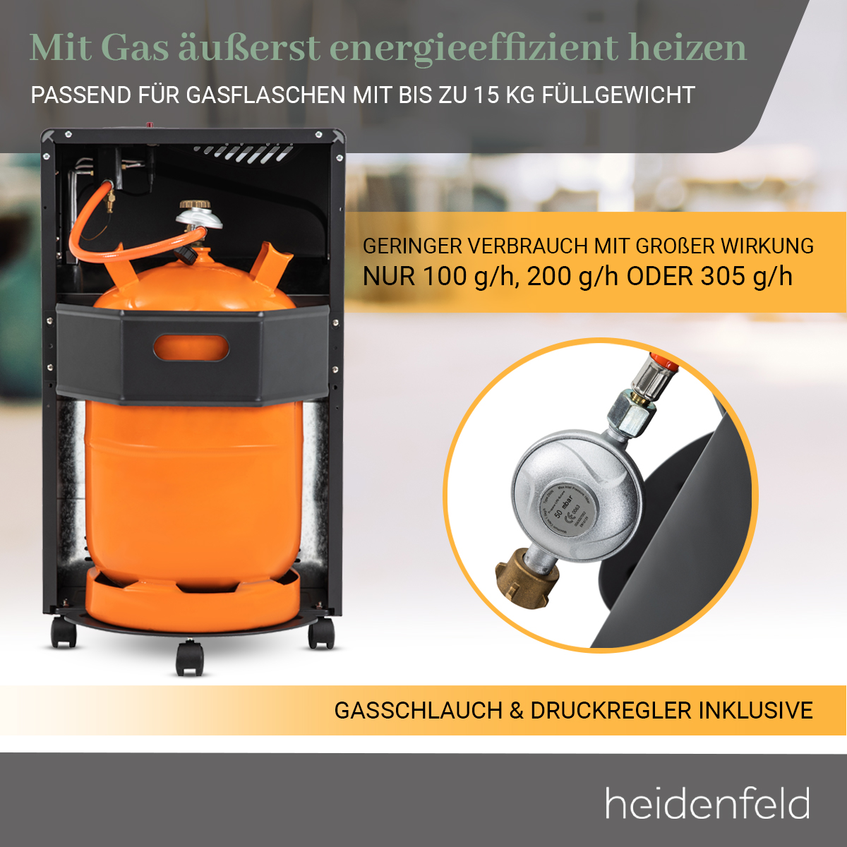 Orange Gasflasche in einem schwarzen Heizgerät. Der Text lautet: 'Gas ist energieeffizient'.