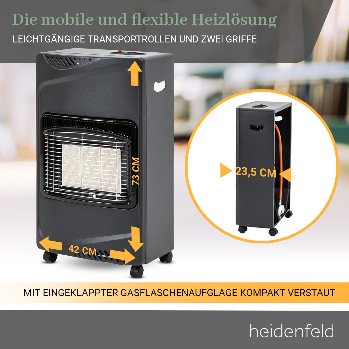 Ein schwarzer Gasheizer mit Abmessungen und einer kleineren Modellillustration, weißer Hintergrund.
