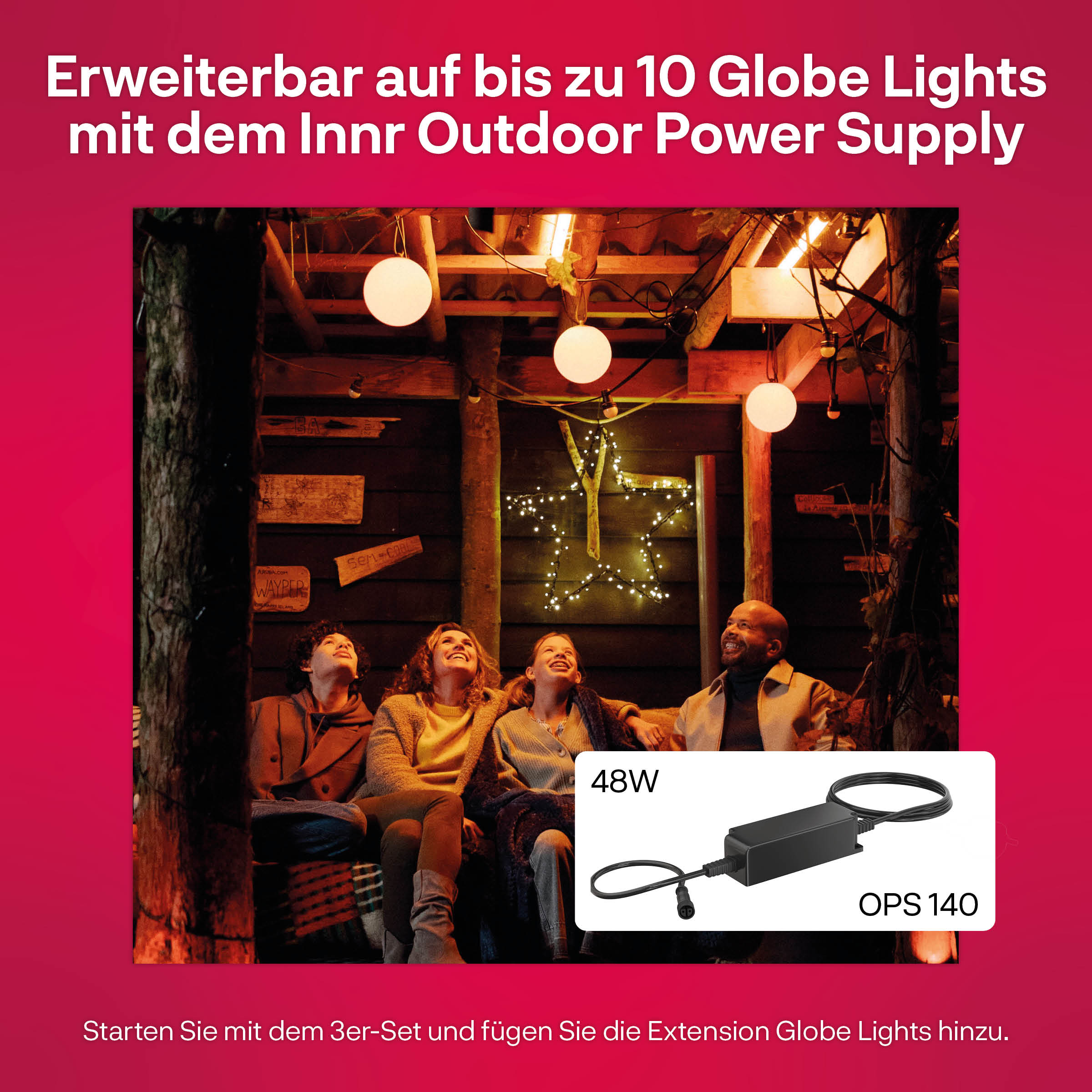 Four people looking up at string lights, with an outdoor power supply and a wooden background.