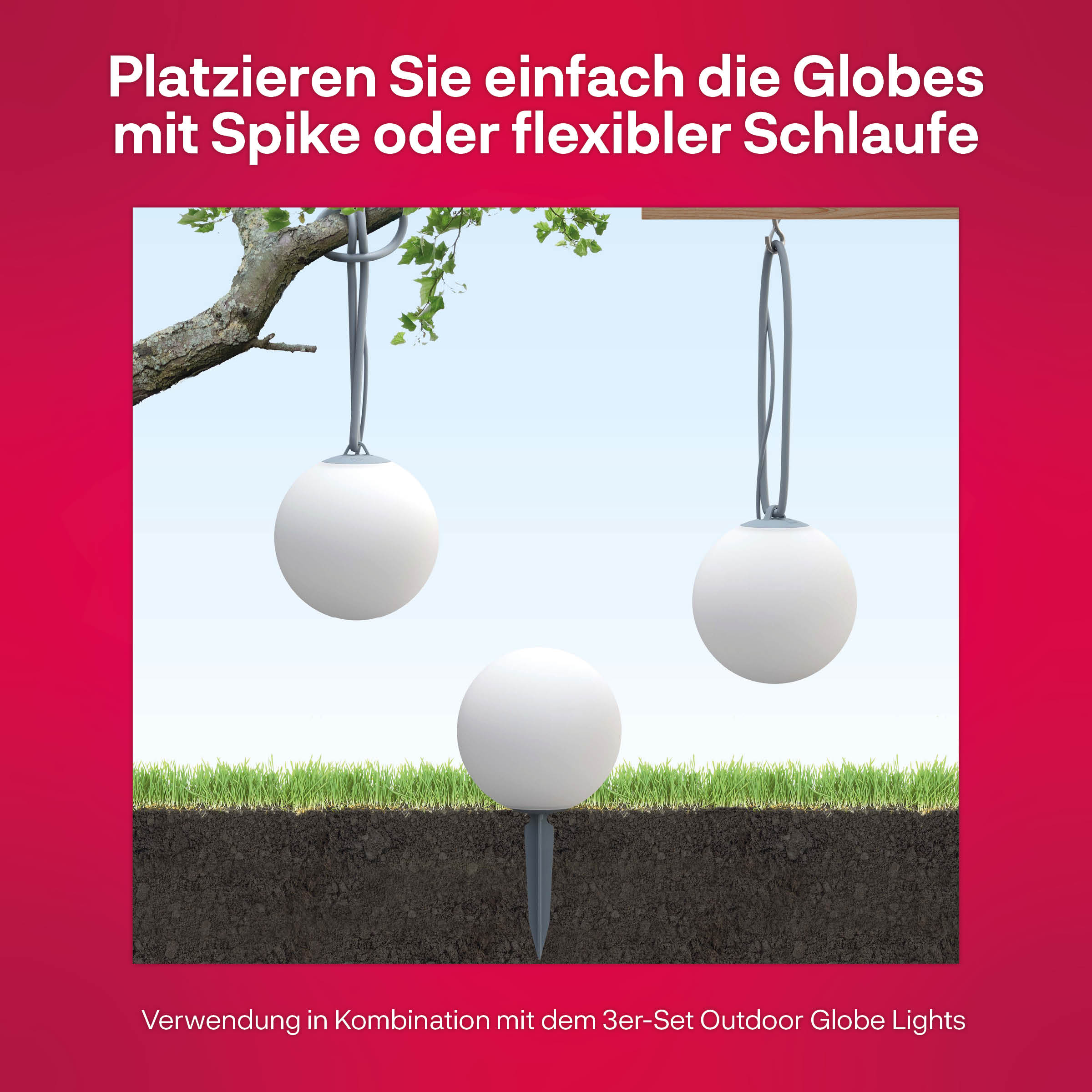 Three white outdoor globe lights, one spiked into the ground.