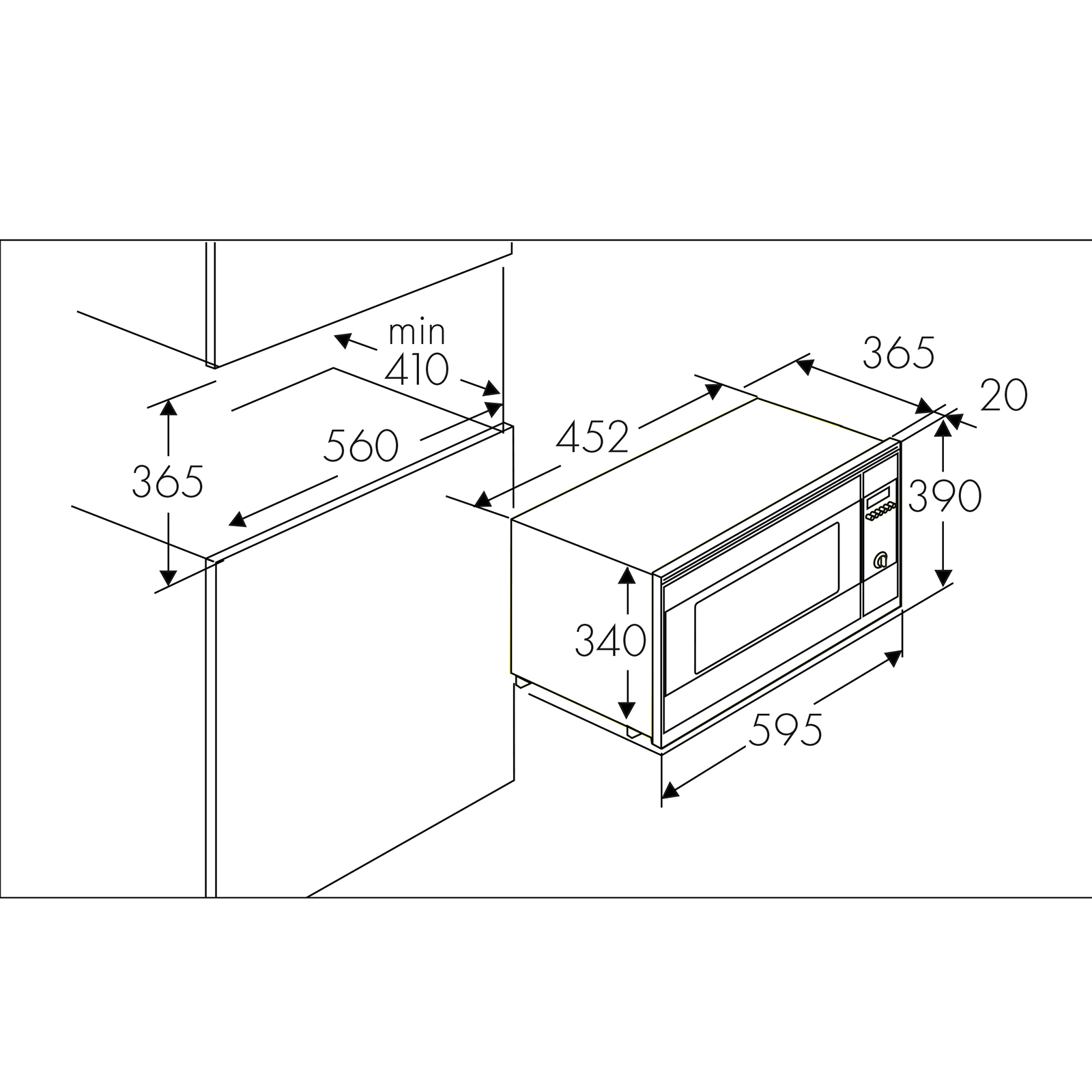 Schema einer Mikrowelle mit Abmessungen. Es ist grau, mit schwarzem Bedienfeld und in Millimetern beschrifteten Abmessungen.