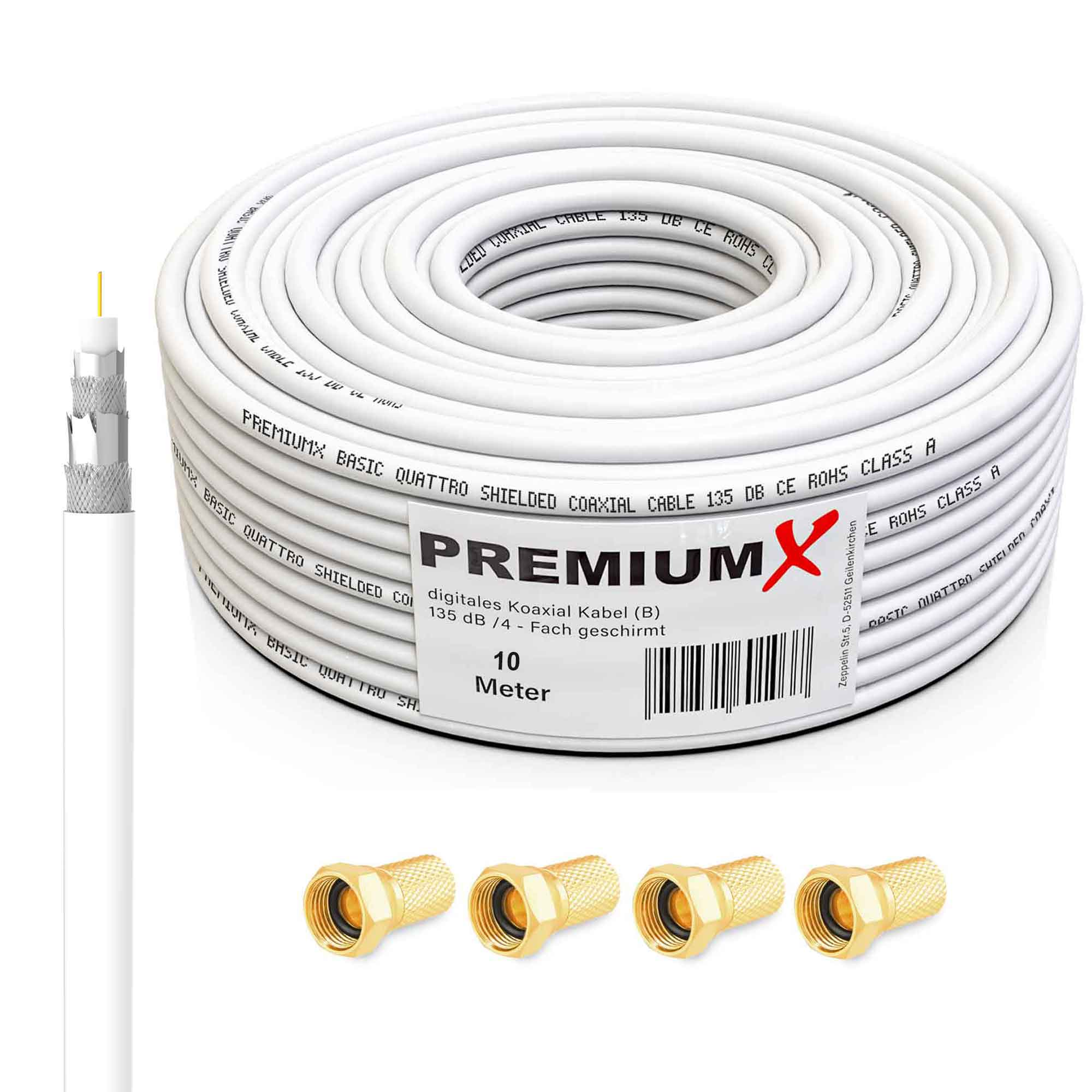 PREMIUMX 10m BASIC Koaxialkabel SAT 4-fach Kabel 135dB Antennenkabel 4x Koax F-Stecker