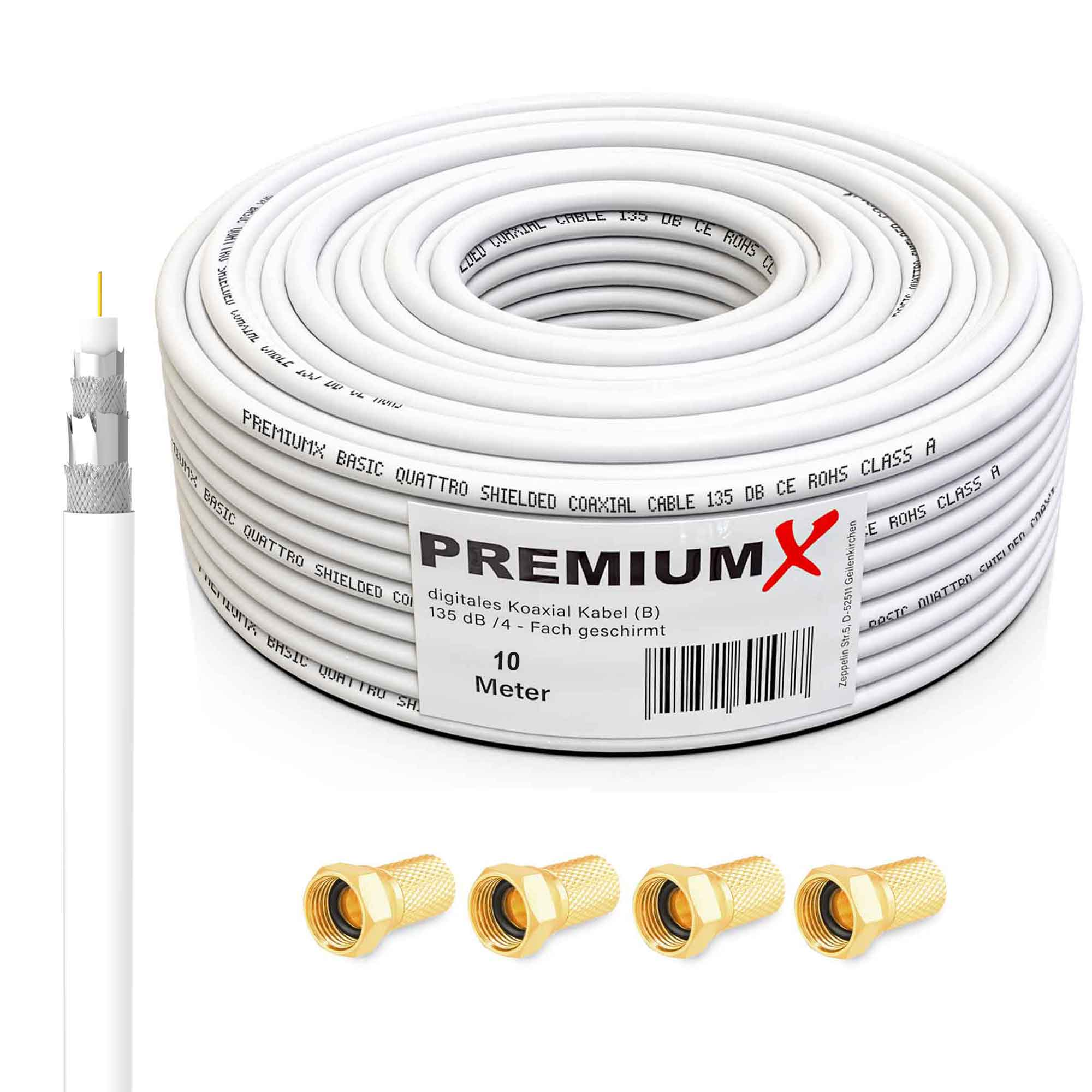 Ein weißes Koaxialkabel in einer Rolle mit vier goldfarbenen Steckern und dem Text 'PREMIUMX'.