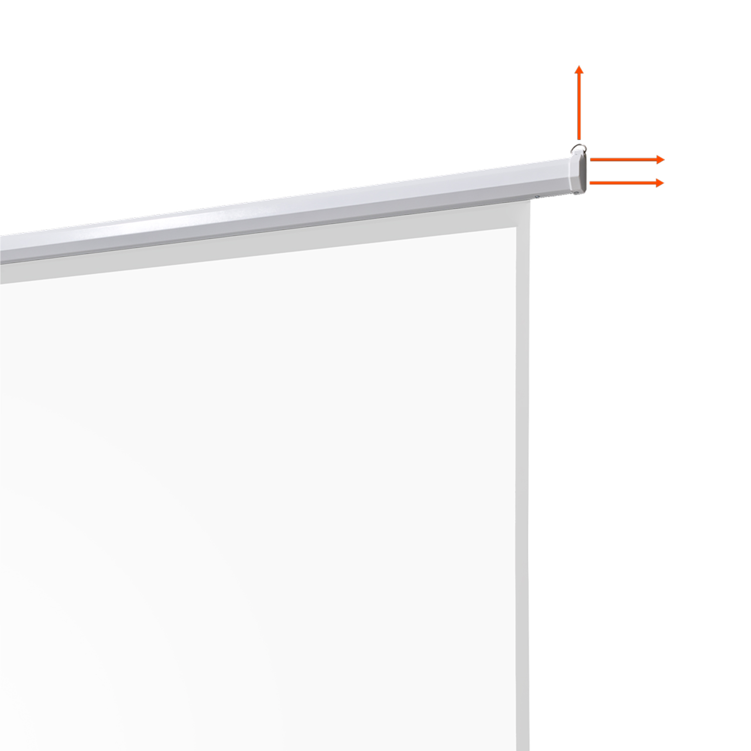 Weiße Projektorleinwand. Oberer Rand mit Metallgehäuse und Pfeilen, die die Richtung anzeigen.