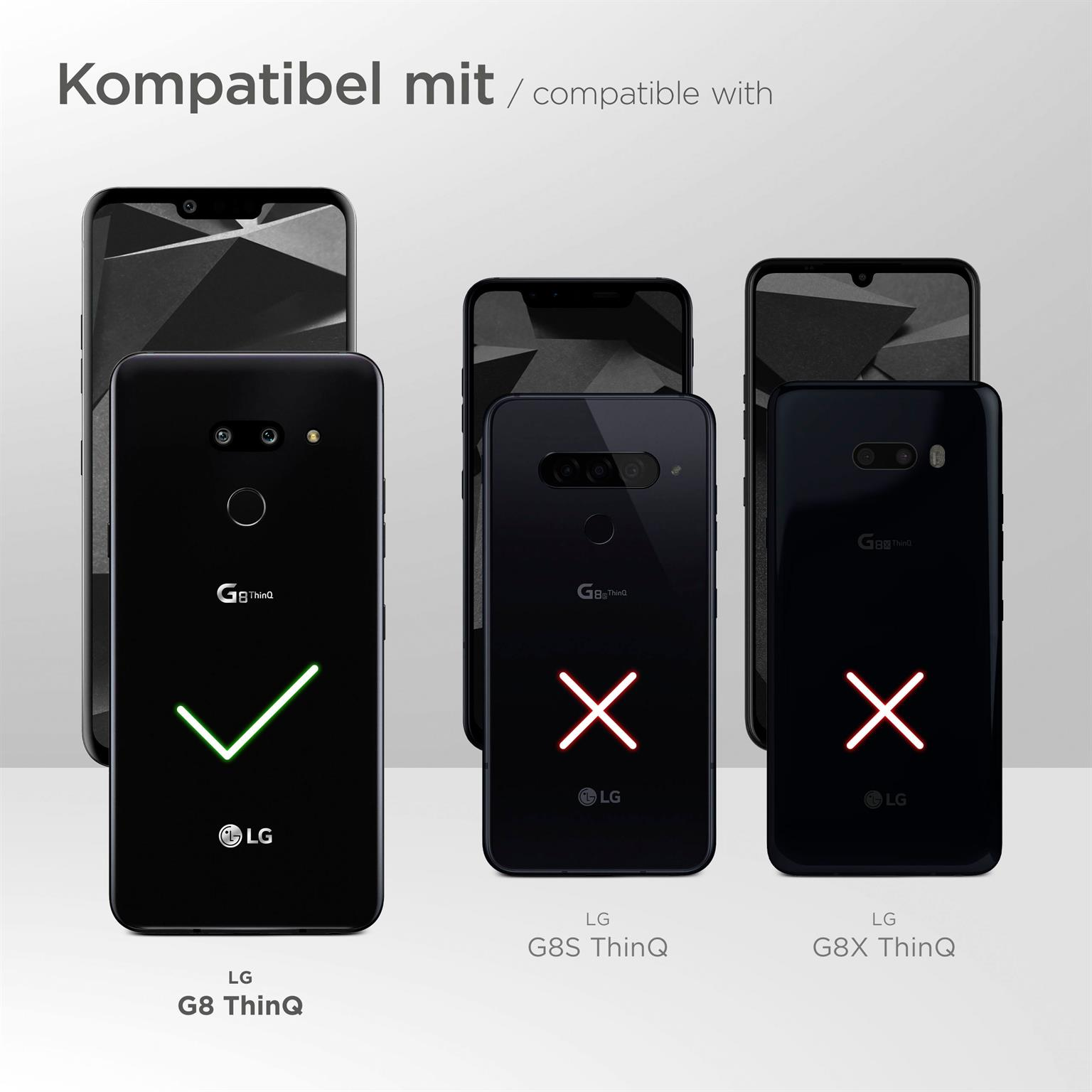 Bild von LG G8 ThinQ. Häkchen auf dem LG G8 ThinQ, Xs auf anderen Handys, die Inkompatibilität anzeigen.