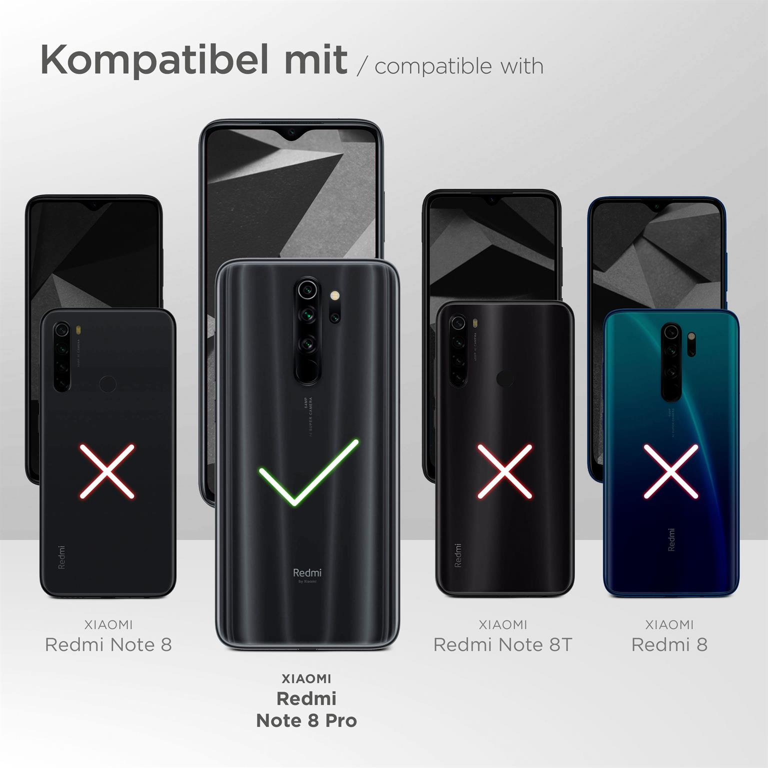 Telefone mit Hüllen, Redmi Note 8 Pro hervorgehoben. Andere Telefone haben rote X-Markierungen.