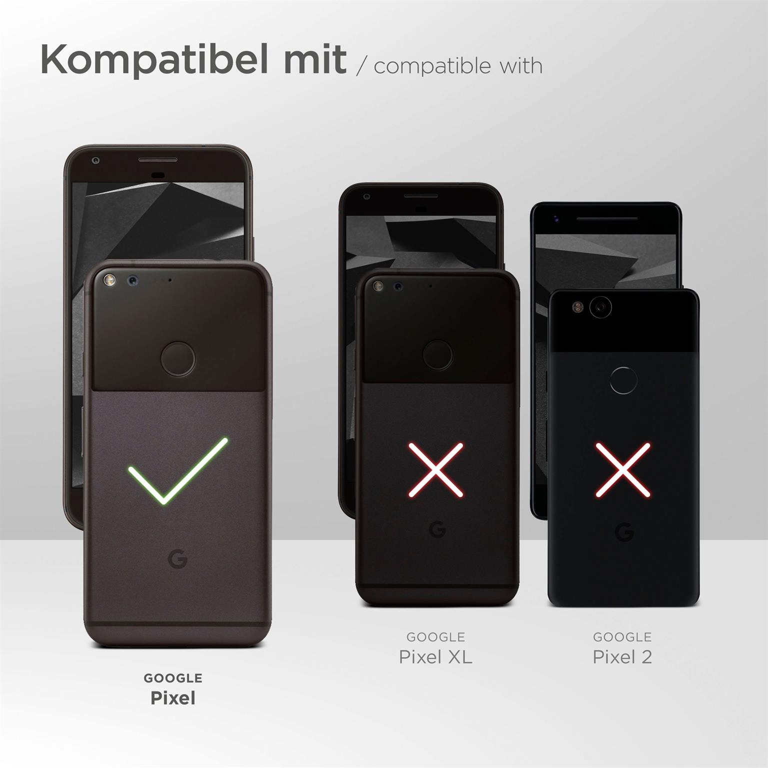 Smartphones mit Hüllen. Eines hat ein grünes Häkchen, die anderen rote X-Markierungen. Marke ist Google Pixel.
